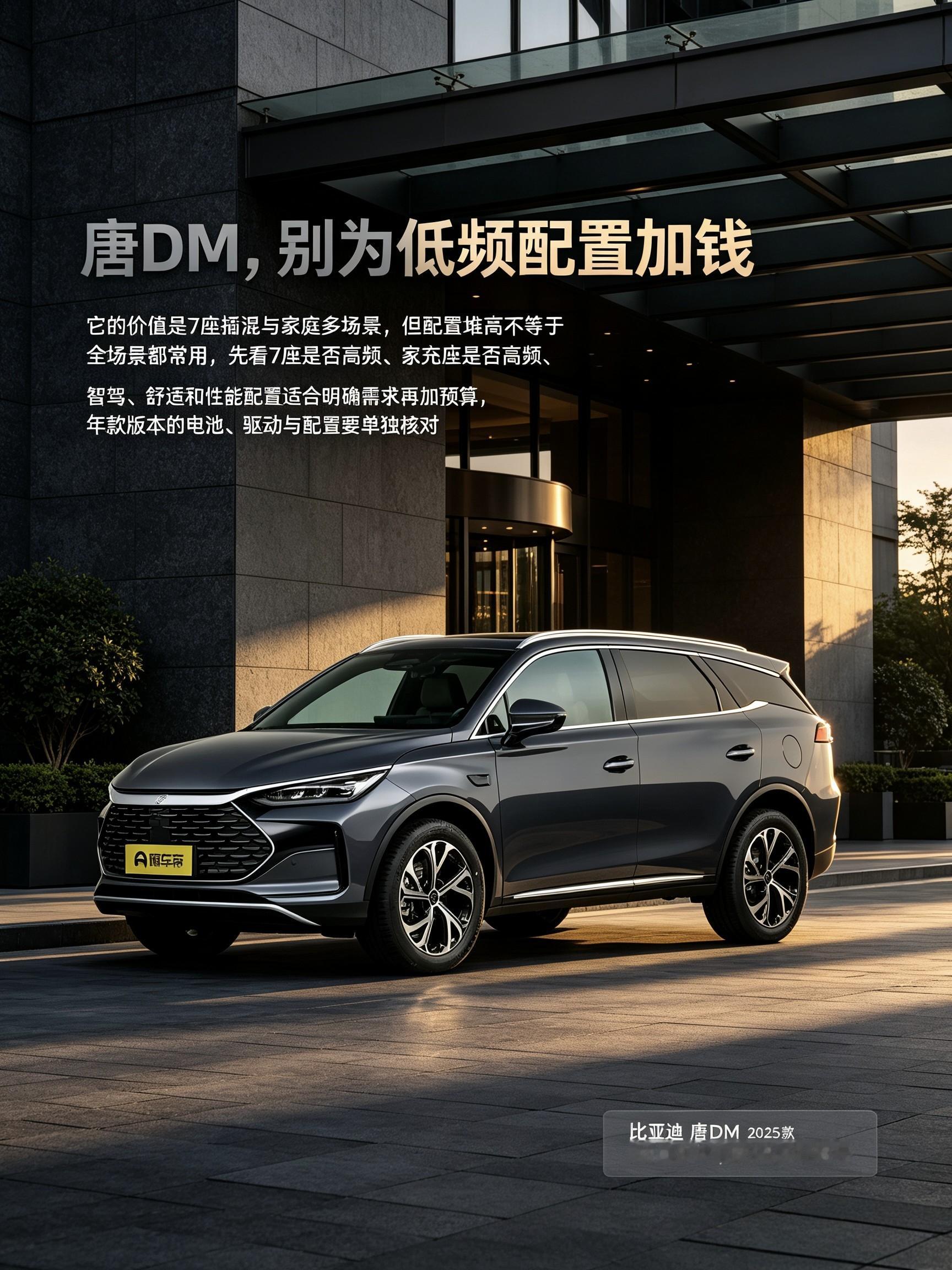 比亚迪唐DM：7座家用插混。别盲目冲高配，先想想7座是不是经常要用，低频的花哨配置没必要额外加钱。【来自懂车帝车友圈】