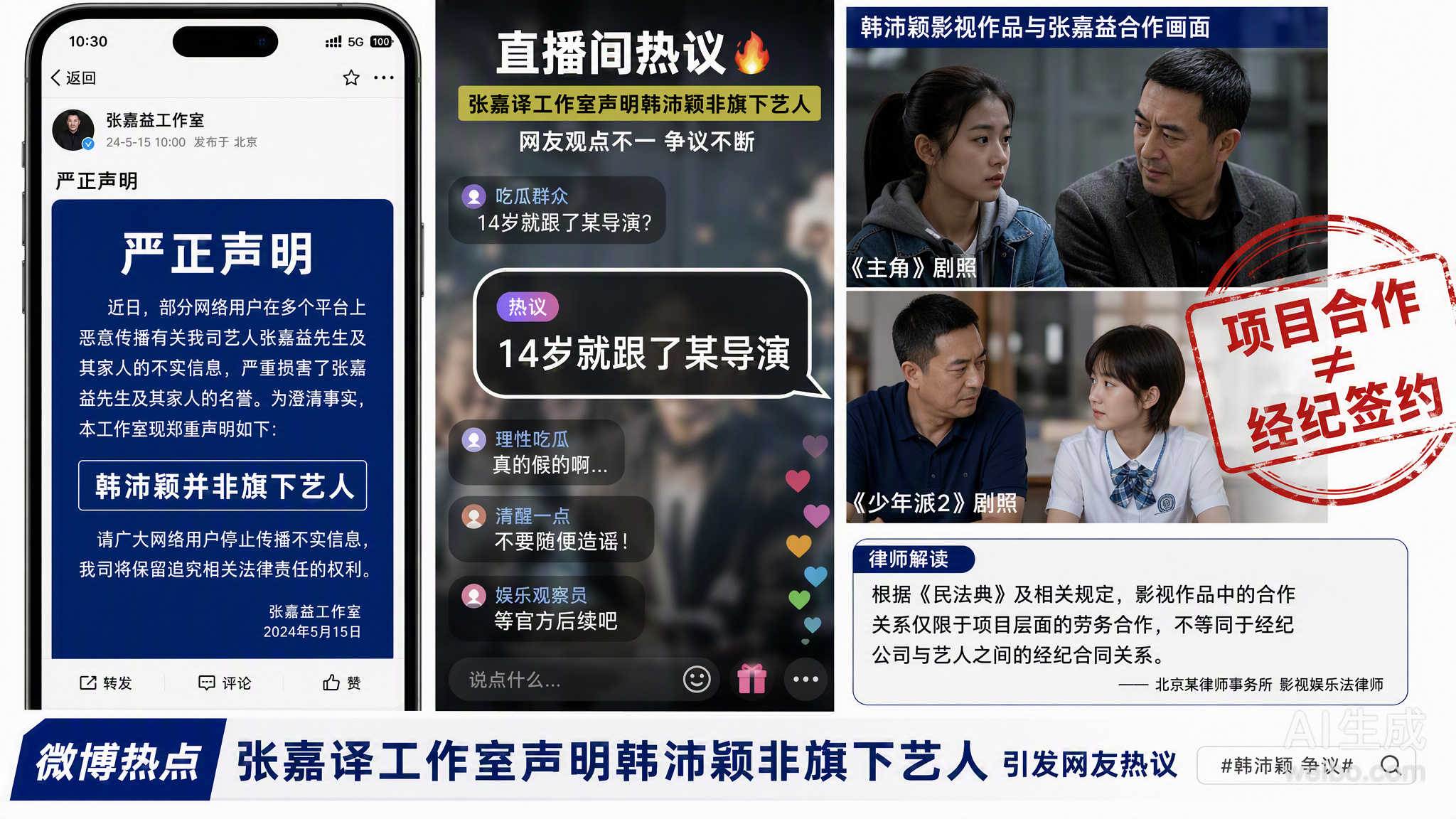 张嘉益工作室声明韩沛颖非旗下艺人
张嘉益工作室这次反应挺快，凌晨直接发声明撇清和韩沛颖的关系。起因还是那场直播，韩沛颖一句“14岁就跟了某导演”的影射，直接把刘浩存卷进舆论漩涡，结果把自己也搭进去了。

很多人误以为她是张嘉益旗下艺人，其实只是因为接连合作了《少年派2》和《主角》。项目 ​