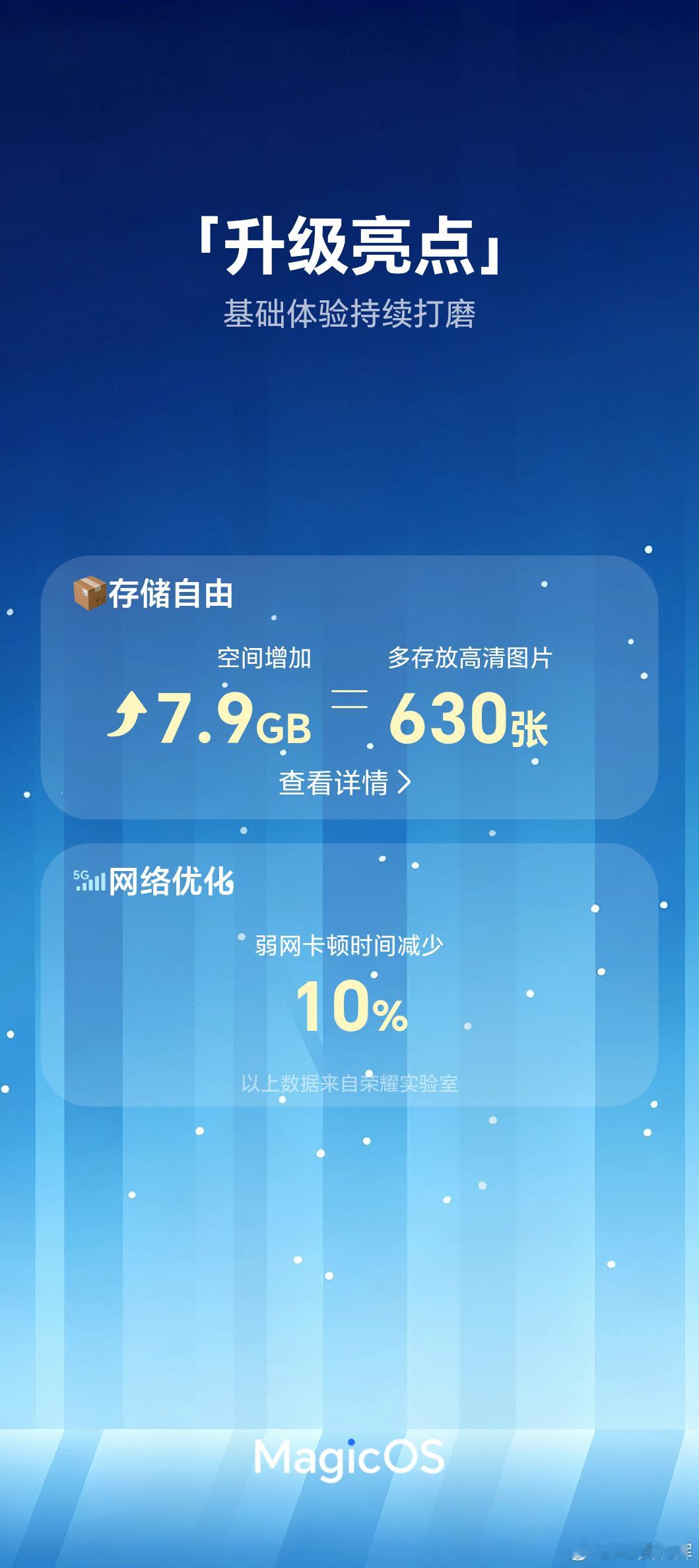 #省空间更流畅##MagicOS好看又丝滑AI超好用#
内测掌镜使前来报到🐟
升级排名No.1278，数字暗号「要爱去吧」！
相伴1981天，11台荣耀生态设备，一路跟着MagicOS内测迭代。
 
升级MagicOS11，直接多出7.9GB存储空间，相当于多存630张高清照片！
同时弱网卡顿时间减少10%，系统流畅度拉满，AI体验也更好 ​