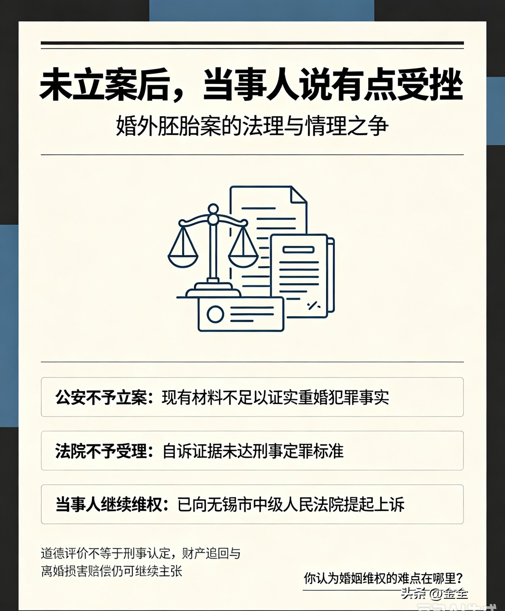 胚胎案当事人：未立案内心感到受挫

婚外胚胎案刑事不予立案结果出炉，当事人坦言内心十分受挫，但不会就此停下维权脚步。刑事层面重婚罪未能成立，不过伪造证件的相关人员已被行政拘留。当事人现已提起上诉，同时还可以通过民事诉讼，主张婚内财产追回与离婚损害赔偿。法理与情理的冲突，也引发网友广泛讨论。你如何看待