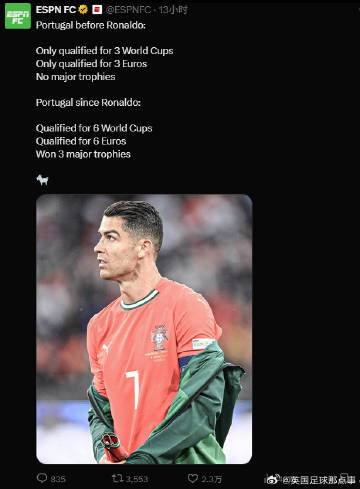 ESPN对比有无C罗的葡萄牙队大赛战绩↓ <br /> <br />▪...