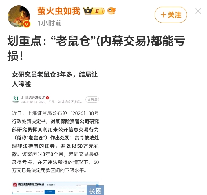 内幕交易“老鼠仓”也会亏钱，违法照样重罚
 上海证监局公布处罚案例，某保险资管女研究员，利用未公开信息做“老鼠仓”交易，历时3年8个月，最后交易居然是亏损的，没有非法获利。
但即便没赚到钱，这种内幕交易行为依旧违法，被处以50万元罚款。这件事也提醒大家，不要触碰证券违规操作，违法投资无论盈亏，都会受