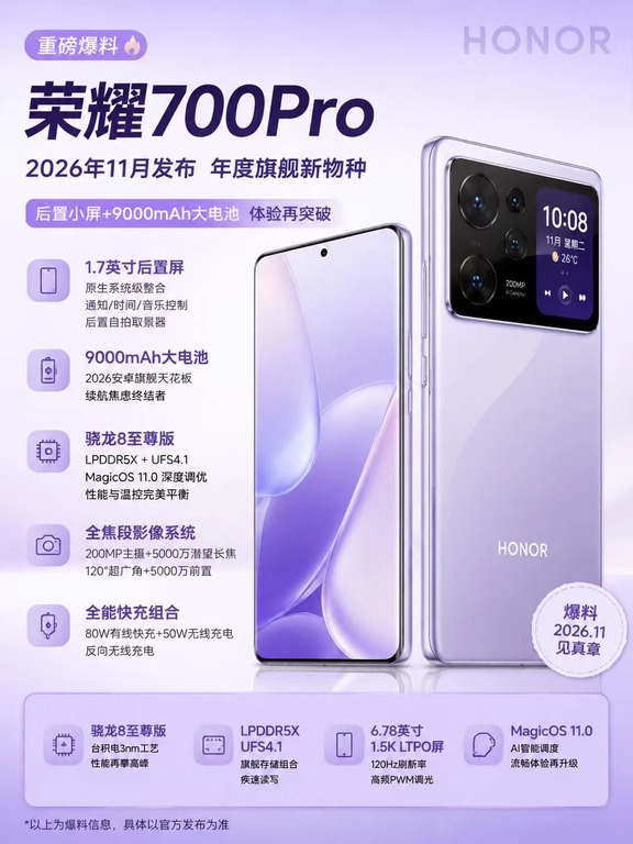 荣耀700 Pro爆料：后置小屏+9000mAh电池？