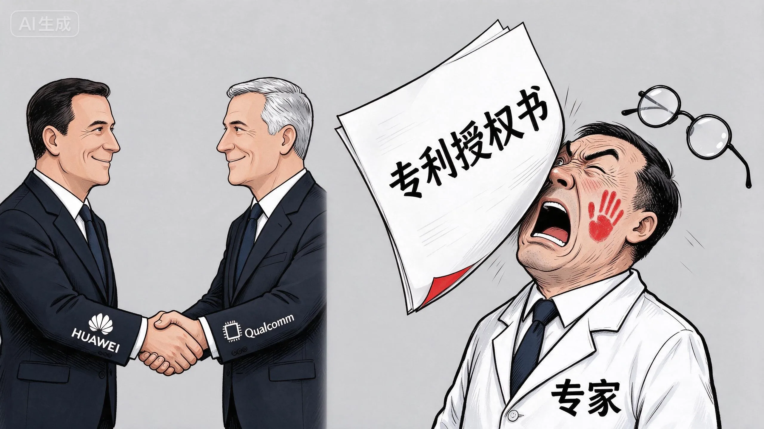 当初说华为是骗子的专家，脸疼不疼？

10月5日，高通宣布与华为达成专利许可协议，高通向华为支付专利费，涵盖5G、AI、《逻辑折叠芯片》技术等领域。这是两家公司25年来首次实现专利许可收入。

消息一出，行业震动。69亿美元的累计专利收入，463亿人民币。高通盘前股价一度涨超4%。

但今天不说钱，