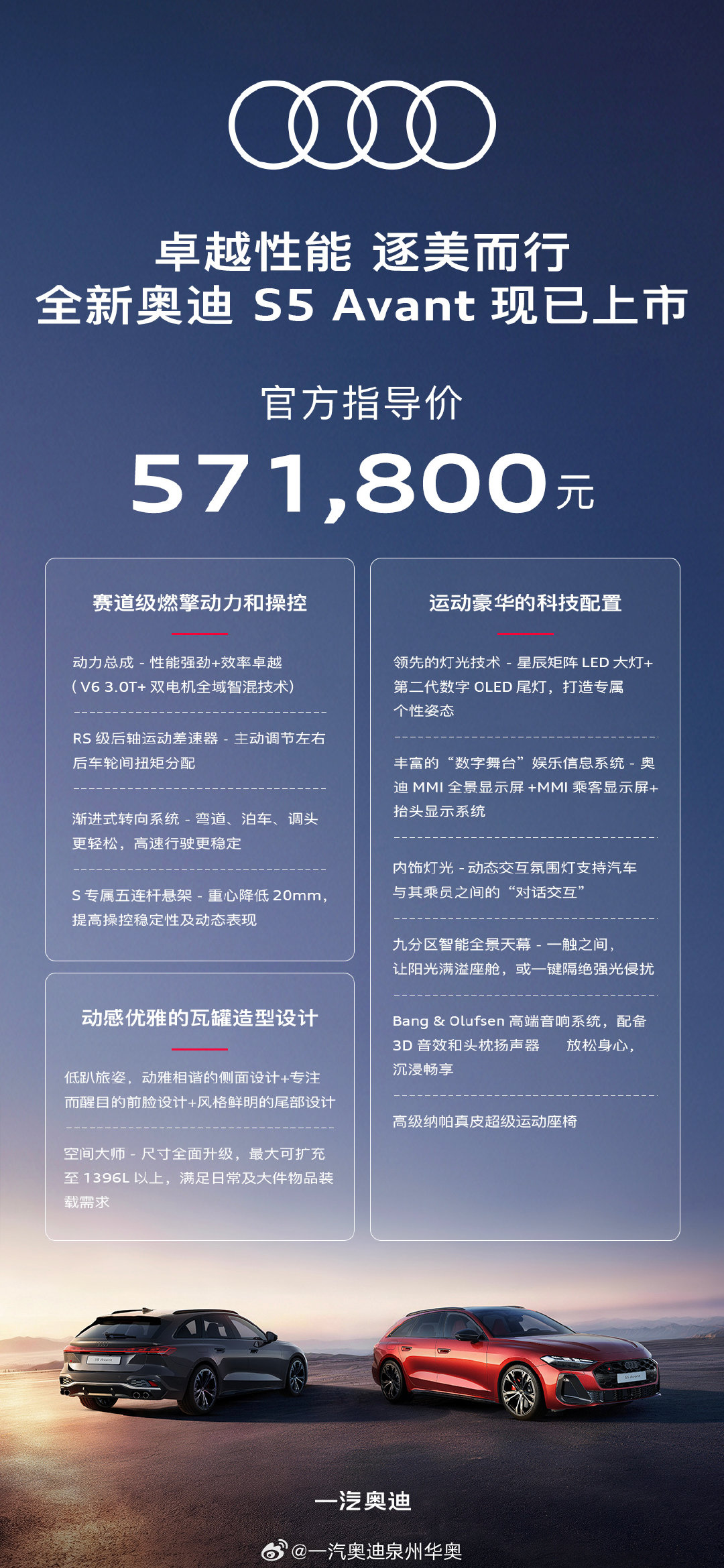 一图看懂：全新奥迪S5 Avant为何是豪华性能瓦罐宗师？
官方指导价571,800元，首发版限量99台现已上市！
#卓越性能，逐美而行 ​