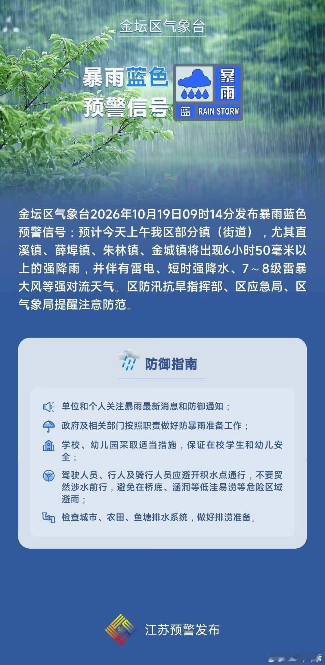 金坛区气象台2026年10月19日9时14分发布暴雨蓝色预警信号：预计今天上午我区部分镇（街道），尤其直溪镇、薛埠镇、朱林镇、金城镇将出现6小时50毫米以上的强降雨，并伴有雷电、短时强降水、7～8级雷暴大风等强对流天气。区防汛抗旱指挥部、区应急局、区气象局提醒注意防范。 ​