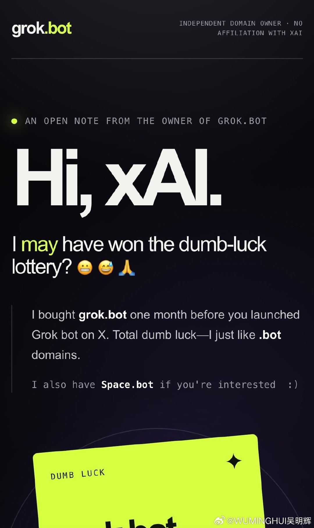 最近有人买下了域名Grok.bot，标价100万美元，目标是埃隆·马斯克，结果X公司直接在WIPO平台发起域名争议，而且会胜诉。#域名##域名资讯# ​