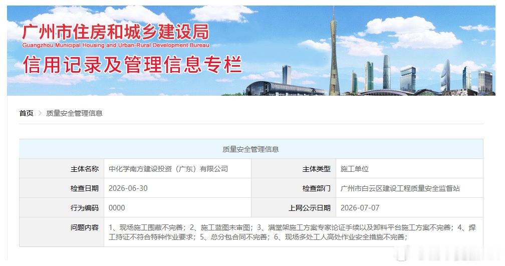 中化学南方建设投资（广东）公司因多项安全管理问题在广州被上网公示！近日...