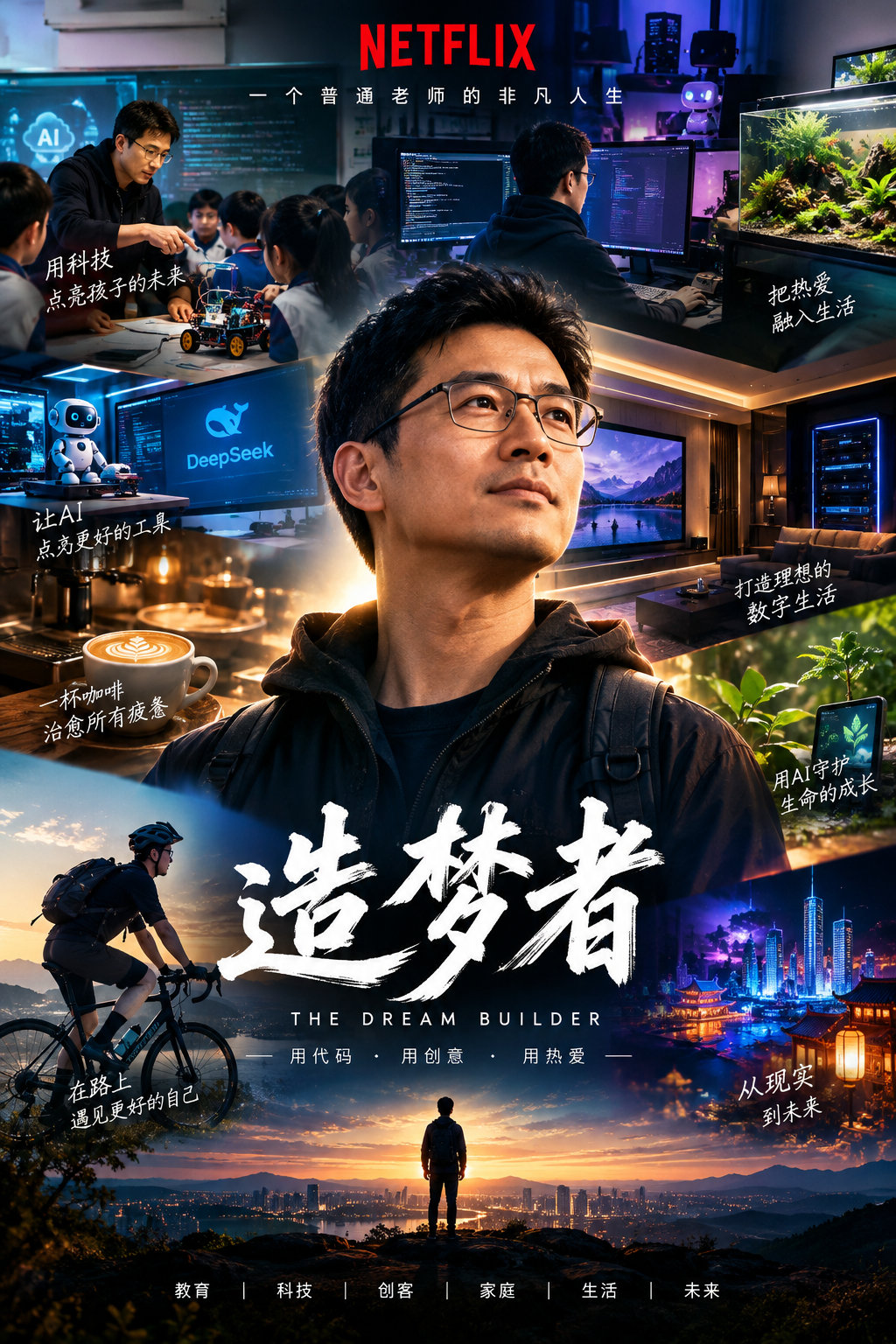 跟chatgpt聊久了，它就会对你有印象。提示词是：从你对我的所有了解，把我的生平故事改编成 Netflix 剧集海报，附上标题。 ​