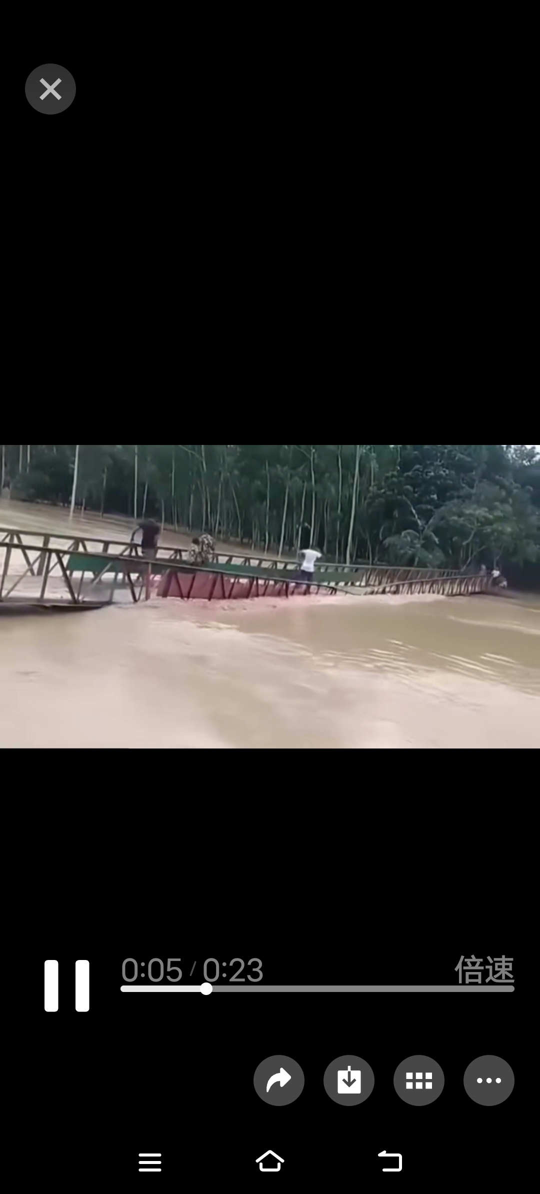 河里洪水泛滥，桥上有人走动。