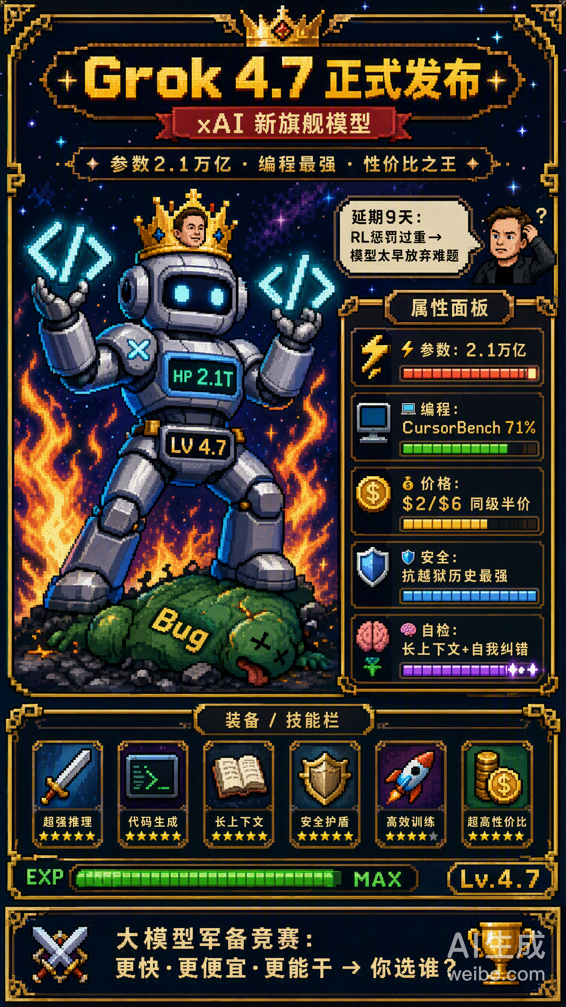 就在昨天（9月21日），马斯克旗下xAI正式发布了新一代旗舰模型 Grok 4.7，主打编程和知识工作场景。

几个核心看点：

🔹 参数规模达2.1万亿，比上代Grok 4.6的1.5万亿增长40%
🔹 定位“编码与知识工作最强模型”，在CursorBe
