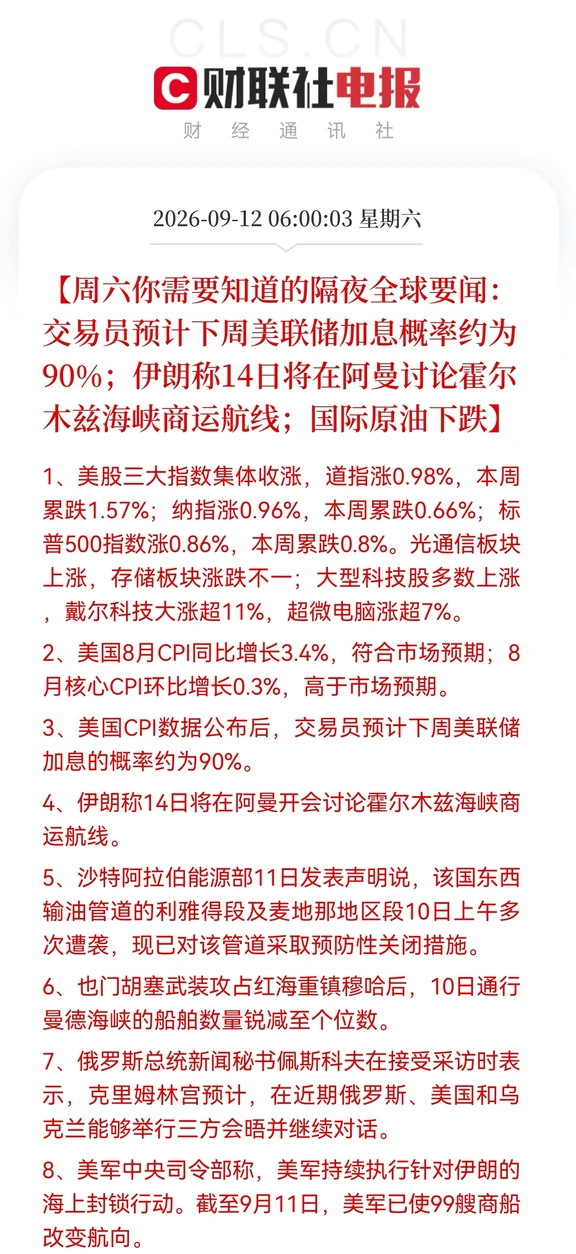 周六你需要知道的隔夜全球要闻