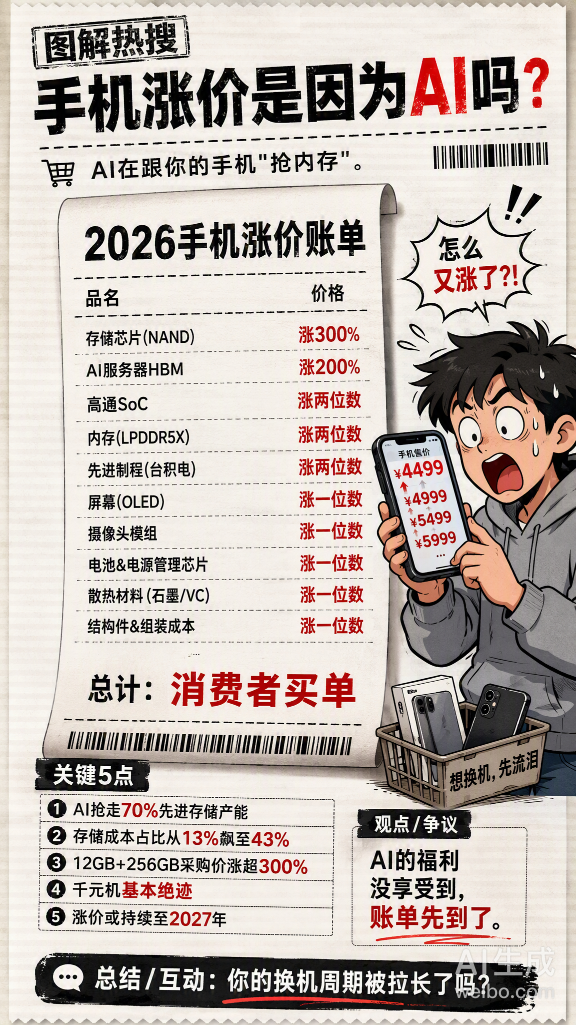 9月1日，华为、小米、荣耀等品牌同步涨价，旗舰机最高涨1000元，这已经是今年第三轮集体调价了。

说实话，这波涨价还真不是厂商想割韭菜，核心原因是——AI在跟你的手机“抢内存”。

几个关键事实：
· AI服务器需要大量高带宽内存（HBM），利润远高于手机存储。三星、SK