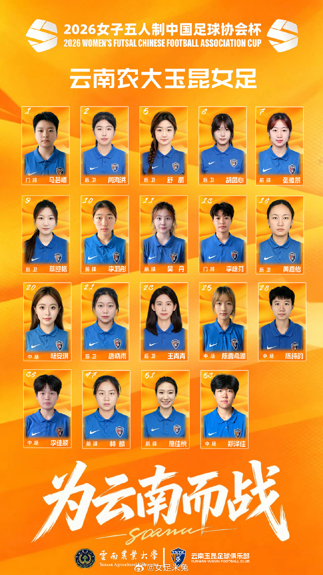 #中国女足[超话]# 
2026女子五人制足协杯云南农大玉昆女足球队名单以及小组赛赛程

本赛季女子五人制足协杯将于10月15-20日在江西省上饶市婺源县体育中心进行，共有8支参赛球队，分为二个组，小组前二进入半决赛，小组后二名将参加5-8名排位赛 ​
