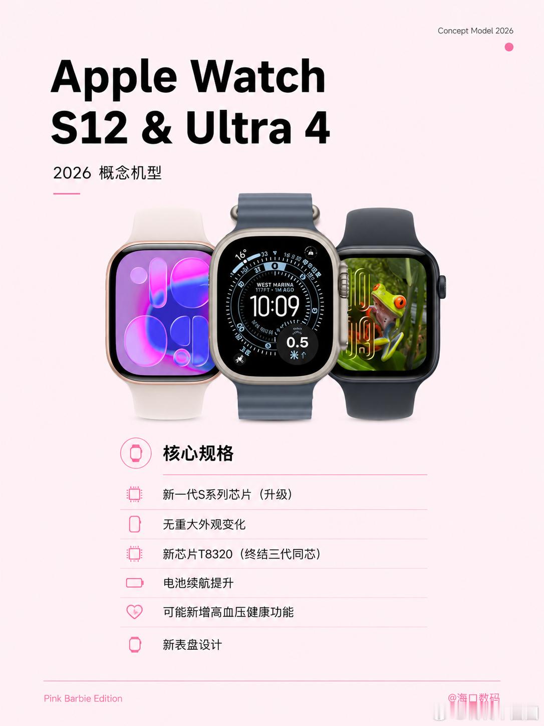 Apple九月份新品曝光全汇总🔥
Apple 2026 秋季发布会前瞻来了🍎9 月新品一次性看全！
 
⚠️为网络概念爆料，一切以官方发布为准～
 
📱iPhone 18 Pro
全新模组设计，A20 Pro 芯片（台积电 2nm），12GB 全系标配，约 5000mAh 大电池，苹果自研 C2 基带，生物理可变光圈 f/1.4-f/4.0，银 / 紫 /  ​