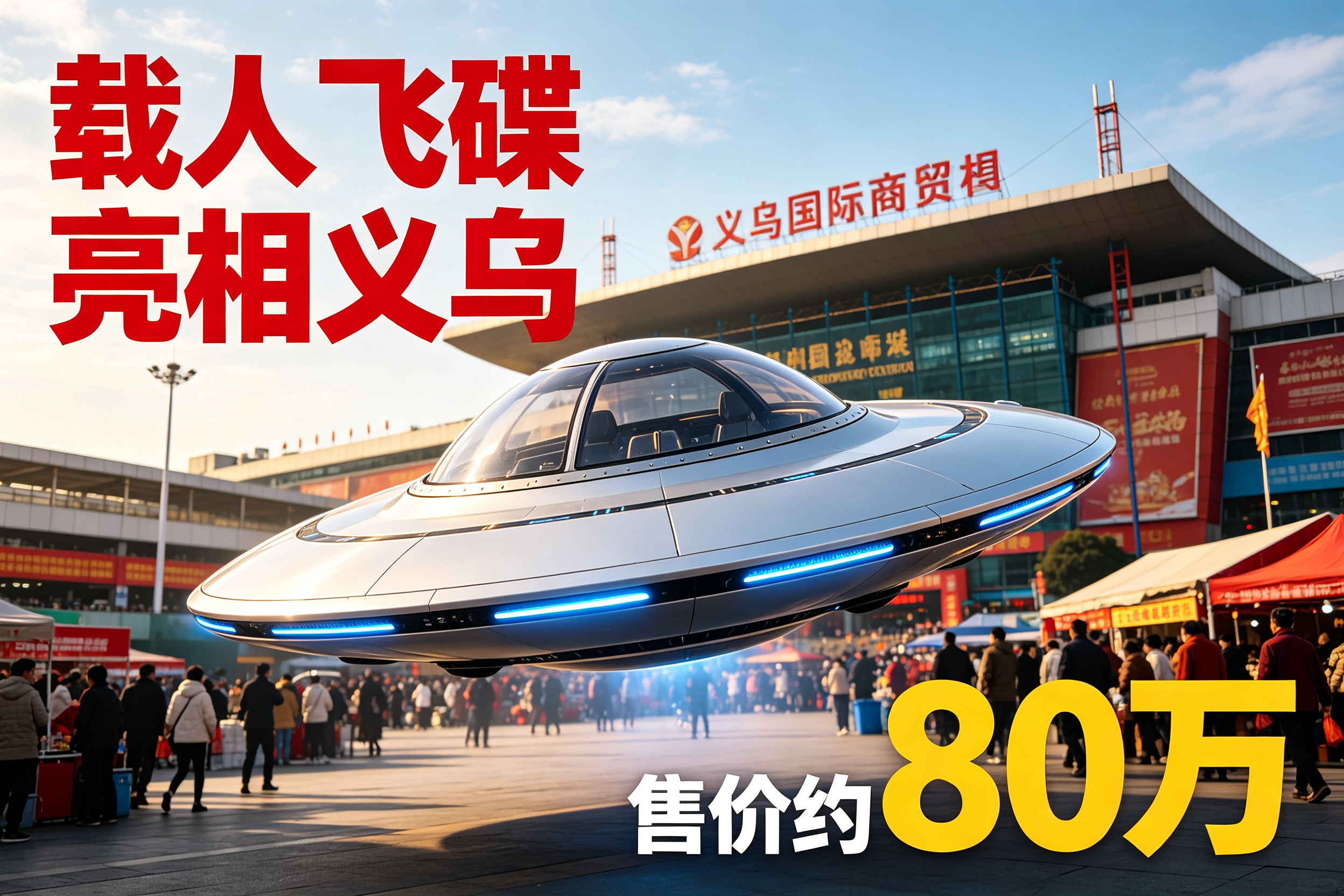 80万，飞15分钟。
义乌又开始卖东西了。这次是飞碟。
义乌全球数贸中心四楼摆着一台碟形飞行器，360度全透明球形座舱，能坐两个大活人。不是道具，是真能上天的载人eVTOL，深圳一家无人机公司自己研发的。
桨叶全藏在机身里，六桨涵道，摸上去一个外露螺旋桨都没有。不用跑道，垂直起降，自动驾驶。还能落水