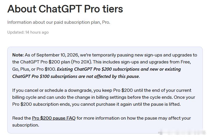 # ChatGPT停售Pro套餐#
注意：​ 自2026年9月10日起，我们暂时暂停 ChatGPT Pro $200 套餐（Pro 20X）的新注册和升级。这包括从免费版、Go、Plus 或 Pro $100 进行的注册和升级。现有的​ ChatGPT Pro $200 订阅，以及新的或现有的 ChatGPT Pro $100 订阅，均不受此次暂停影响。

如果你取消或计划降级 ​