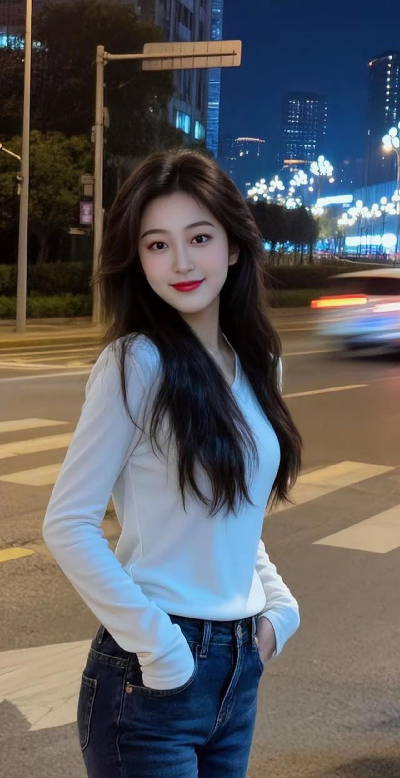 夜晚街头的温柔少女，微笑中透出淡淡的自信与优雅。