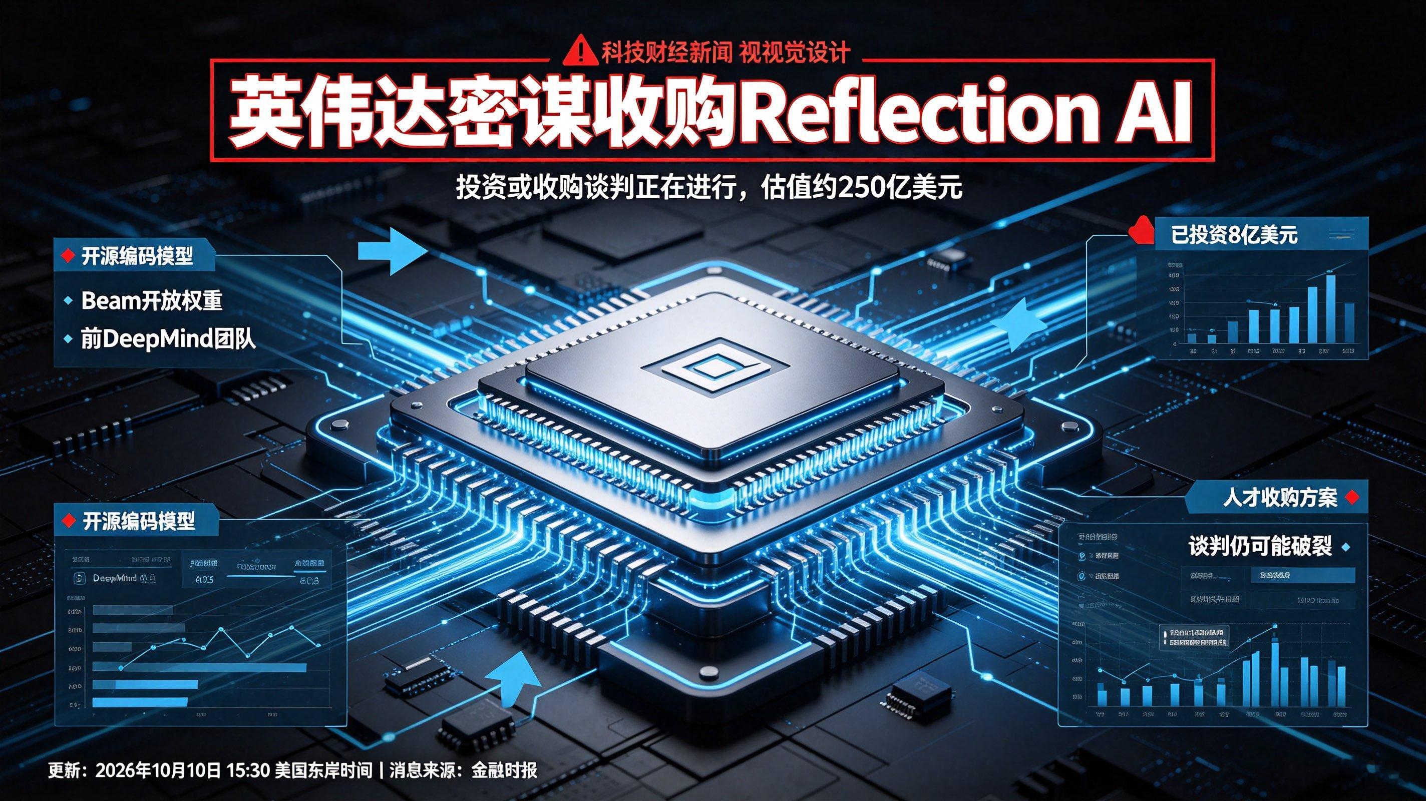 惊天布局！英伟达密谋收购250亿估值AI新星，剑指开源编码赛道
2026年10月10日 15:30（美国东岸时间）
路透社10月10日援引英国《金融时报》消息，多位知情人士爆料：芯片巨头英伟达NVDA.O，正与美国开源AI初创企业Reflection AI展开深度谈判，潜在交易包含两大方向，要么追加