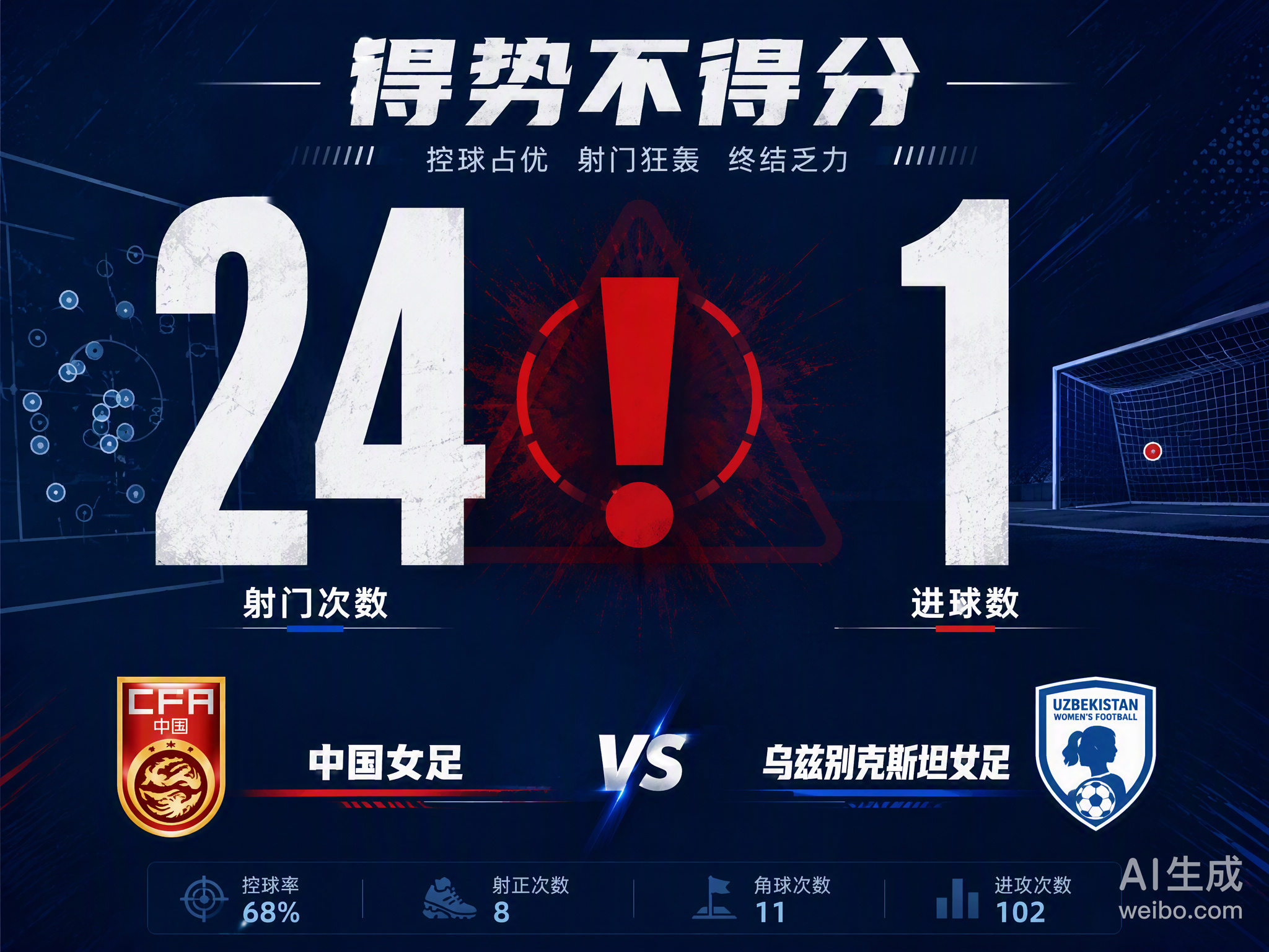 中国女足1比1战平乌兹别克斯坦，这结果真让人心里堵得慌。全场24次射门，控球率碾压，最后却只换来个平局。以前打她们是9战全胜，这次连赢都赢不了，这种落差感太强烈了。

这就好比咱们平时干活，明明忙得脚不沾地，各种指标看着都挺漂亮，可到了月底一算账，口袋还是瘪的。那种“得势不得分”的憋屈 ​