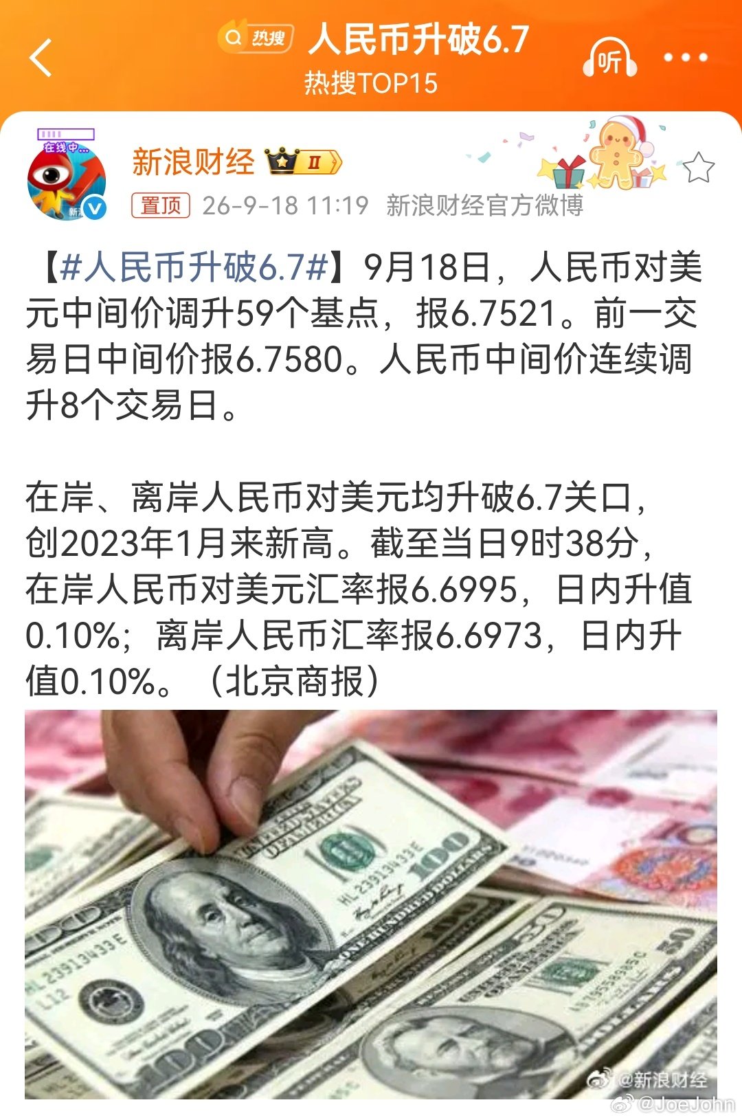 #人民币升破6.7#  9月美联储加息后，美元指数涨了，离岸人民币反而跌了。就是美元升值，人民币也升值了，就是为了短期拉股市一下，人民币才贬值吗？！[笑cry] #盛利财讯预测# ​
