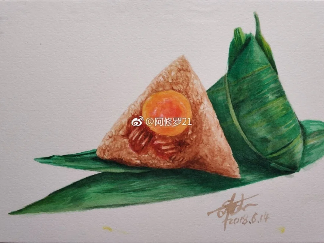 今年端午的粽子。把以前彩铅画的粽子素材拿来改改，换成我喜欢的蛋黄咸肉。