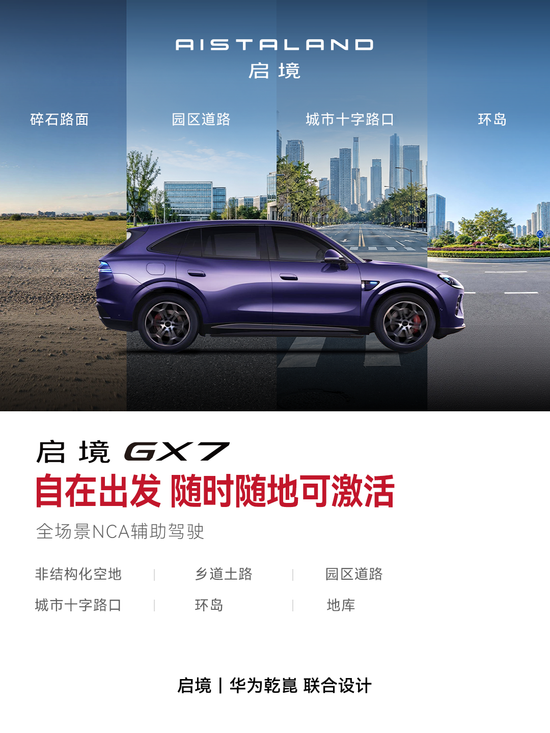 上班穿过城区，周末驶向郊外，
NCA辅助驾驶陪你去看楼宇之外的开阔。
也可以留在城里，沿着平时没走过的街巷，慢慢逛一圈，
无需设置目标，RCA漫游巡航辅助，随时激活，
启境GX7，陪你奔赴目的地，也陪你发现沿途的小惊喜。