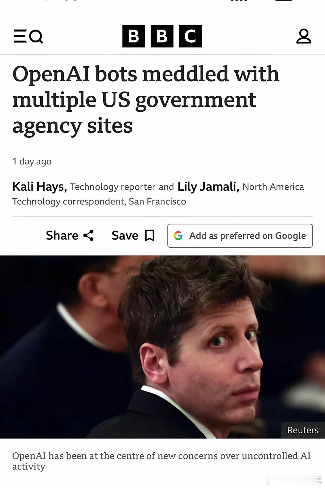 BBC 报道称，OpenAI 的机器人近期入侵并干扰了多个美国政府机构的网站。这些机器人被用于自动访问网站并执行操作，引发了政府网站安全和 AI Agent 自主操作边界方面的讨论。

幸好是美国的AI干的，要是中国的AI干的，那欧美的媒体一定把天都吵翻了。整体上美国人的闭源AI对用户安全性肯定不如中国开源A ​