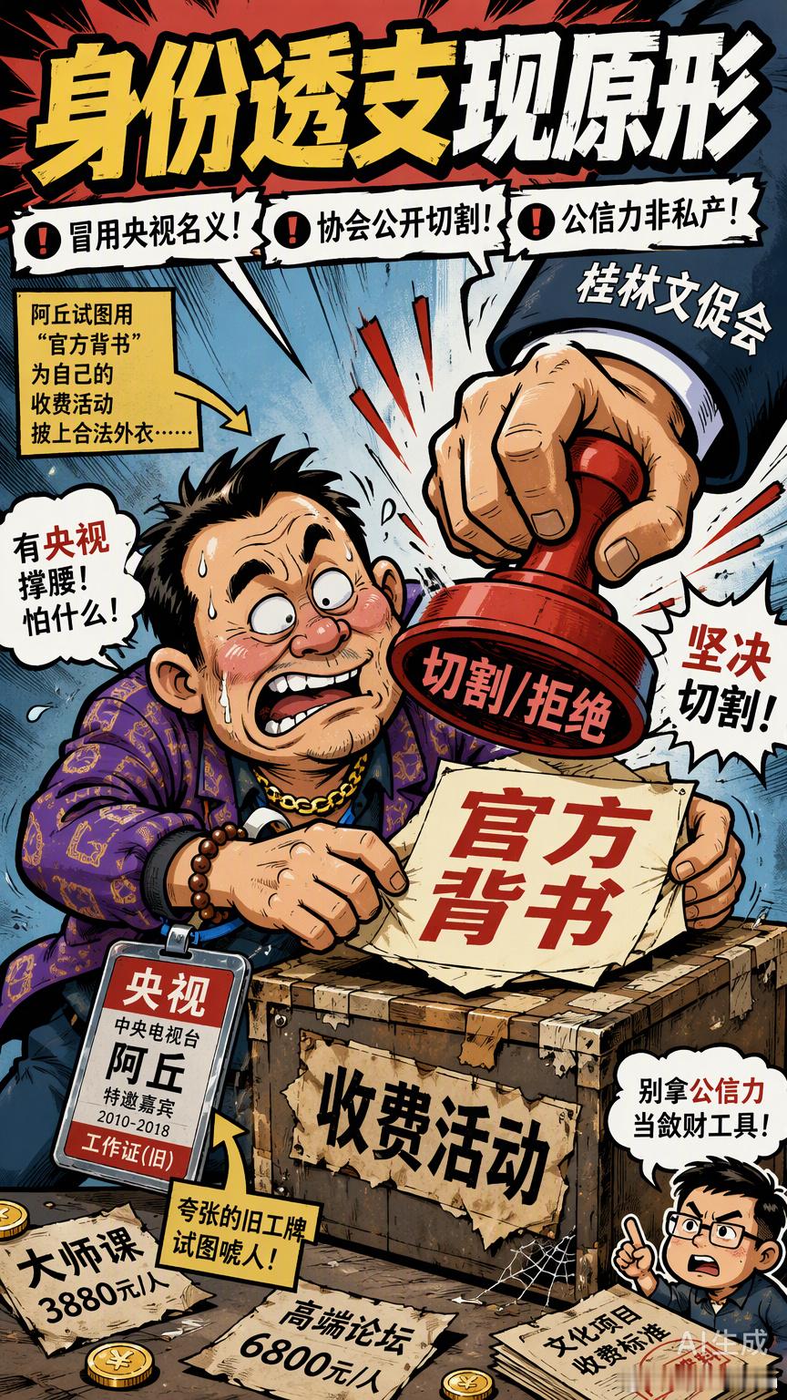原央视主持人阿丘被桂林文促会通报，这事其实挺典型的。

通报里说得很清楚，他在桂林办收费活动，擅自用了“央视”和协会的名义做背书。对于一个已经离开体制内平台六年、且曾因不当言论引发巨大争议的人来说，这种操作多少有点“吃相难看”。

我们常说要尊重职业履历，但履历是过去式，不是可以无限 ​