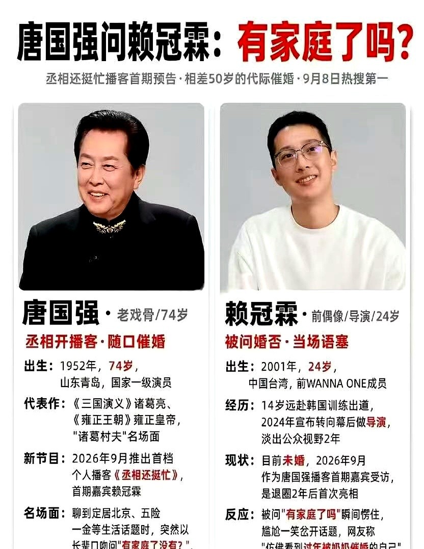 退圈两年的赖冠霖刚一露面，就被唐国强一句话问得当场双手合十求饶。

他现在顶着导演身份接受访谈，本以为要大谈艺术创作。结果唐国强盯着他，慢悠悠抛出一句，有家庭了没有？

画面瞬间凝固。赖冠霖愣了两秒，猛地低头笑场，连连摆手往沙发里缩，脸憋得通红。这哪里是高大上的访谈，简直是过年回村被大爷堵在村口催婚