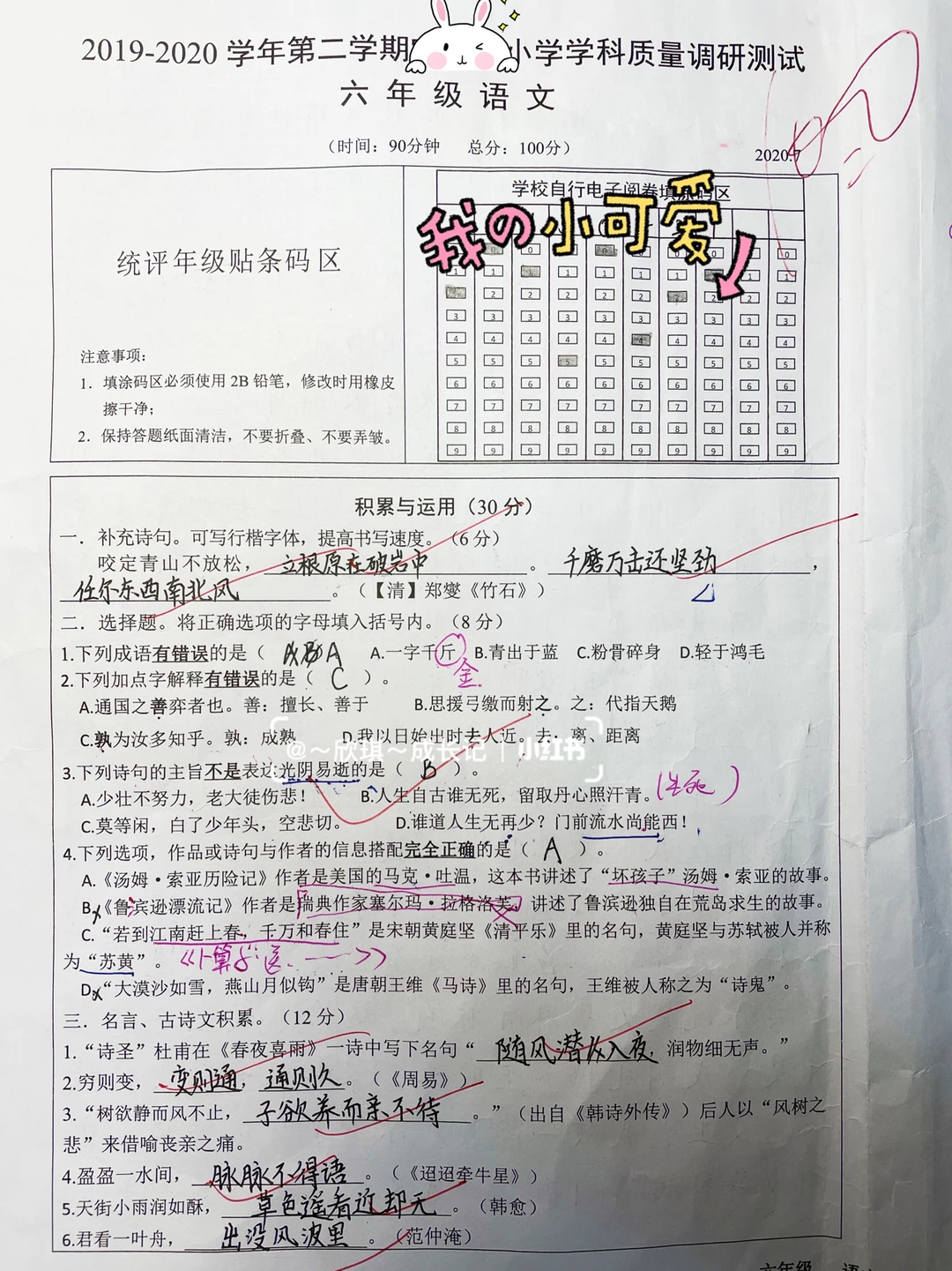 六下语文，期末模拟卷100分