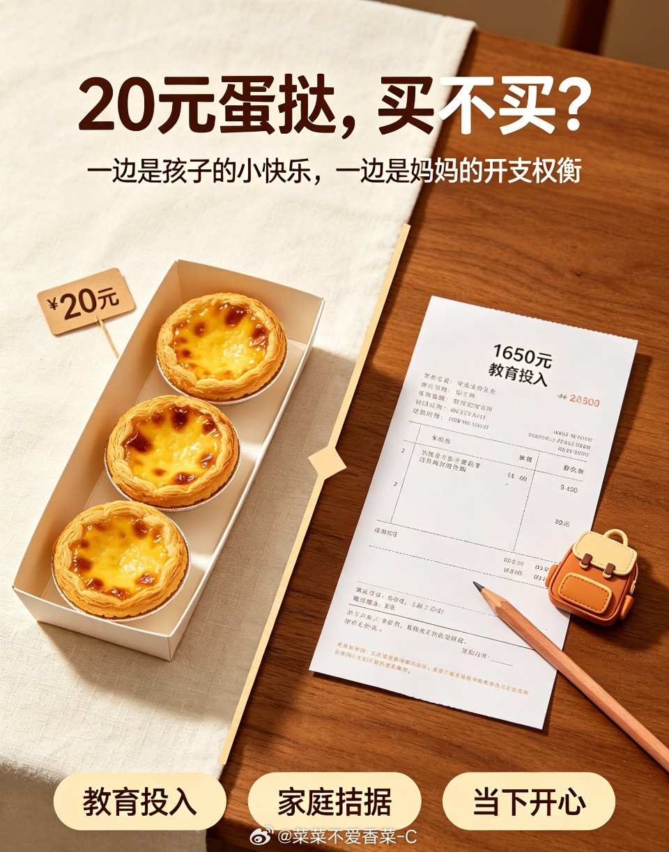 #妈妈称儿子要五次超长蛋挞没买#
可能站的角度不同吧，孩子想的没那么多，就是当下的快乐，妈妈的考量觉得有点不值。

妈妈称儿子要五次超长蛋挞没买
孩子连着五次想要超长蛋挞，妈妈最终没有买。不是完全拿不出二十块，而是在她心里这笔消费不值得，二十块钱足够家里做一顿饭。
 
两种选择放在一起， ​