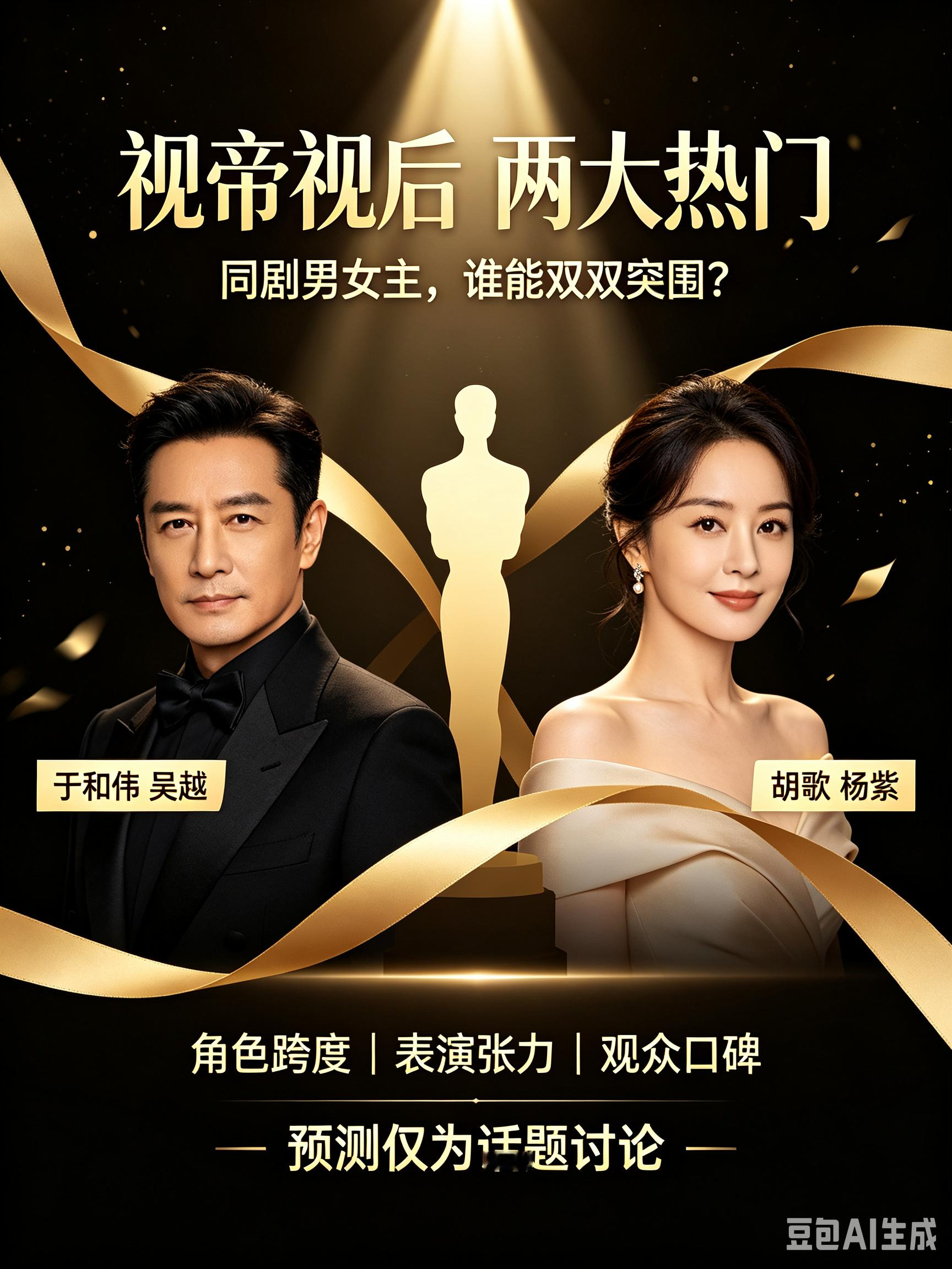 今年金鹰奖视帝视后竞争真的火药味拉满。
 
网上直接分出两大热门对阵阵营。
 
一边是《沉默的荣耀》于和伟、吴越。
另一边是《生命树》胡歌、杨紫。
 
同一部剧男女主双双拿下奖项，本身就特别难得。
 
看角色跨度、表演张力，还有观众口碑。
不少网友觉得于和伟发挥亮眼，杨紫在剧中的