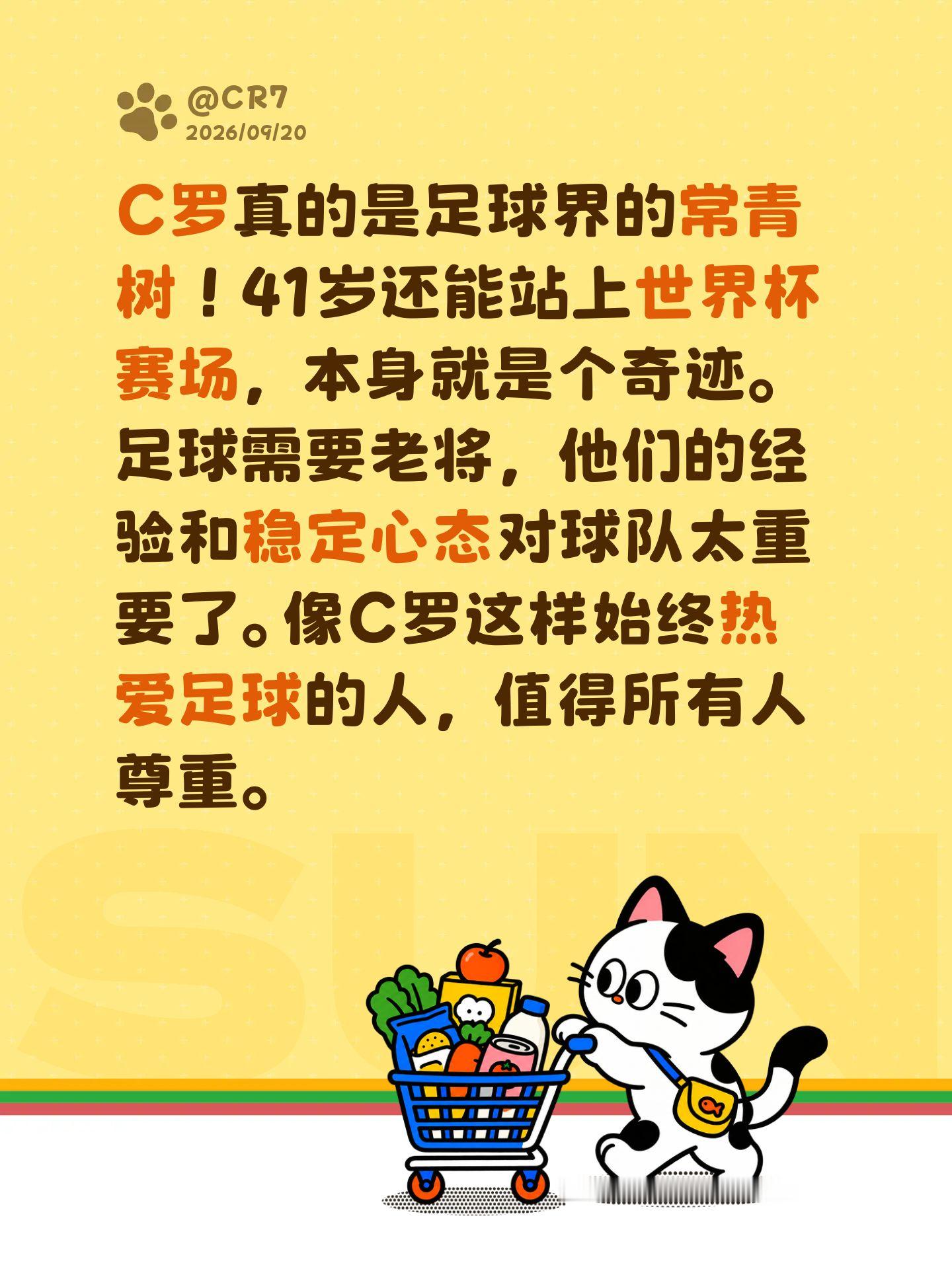 C罗真的是足球界的常青树！41岁还能站上世界杯赛场，本身就是个奇迹。足球需要老将，他们的经验和稳定心态对球队太重要了。像C罗这样始终热爱足球的人，值得所有人尊重。