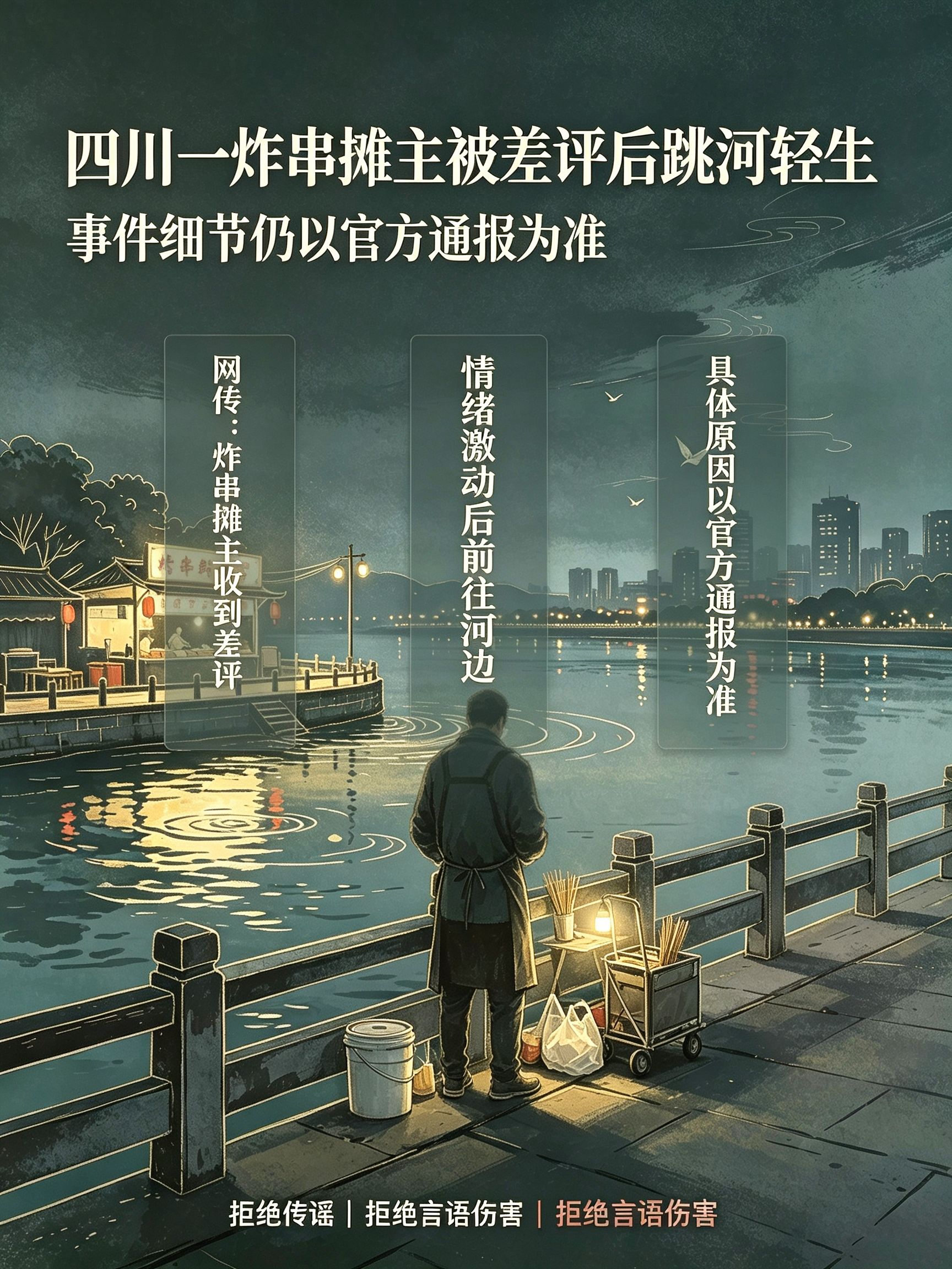 四川一炸串摊主被差评后跳河轻生。
一条看似普通的评价，却成了压垮他的最后一根稻草。
起早贪黑、小本经营、现实压力，已经够难了。
网上一句刻薄的话，可能不会伤害发布者，却能把当事人拖进深渊。
评价可以客观，但不要羞辱；表达可以直接，但不要恶意。
再难，也别放弃自己。
生命只有一次，凡事都有转机。