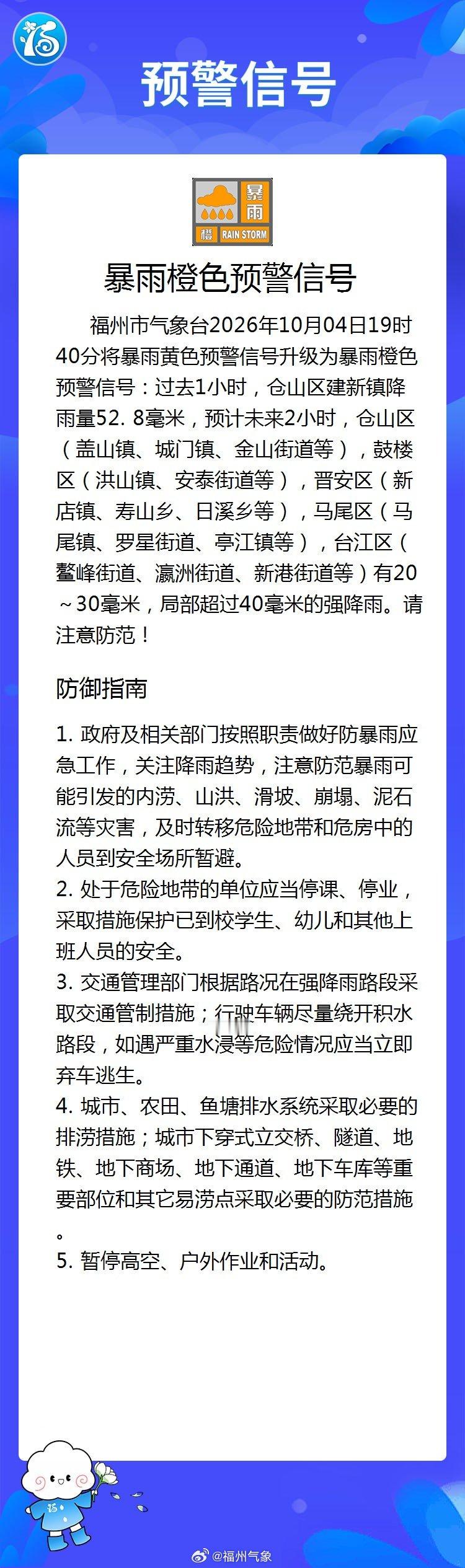 【福州市暴雨橙色预警信号】福州市气象台2026年10月04日19时40分将暴雨黄色预警信号升级为暴雨橙色预警信号：过去1小时，仓山区建新镇降雨量52.8毫米，预计未来2小时，仓山区（盖山镇、城门镇、金山街道等），鼓楼区（洪山镇、安泰街道等），晋安区（新店镇、寿山乡... ​