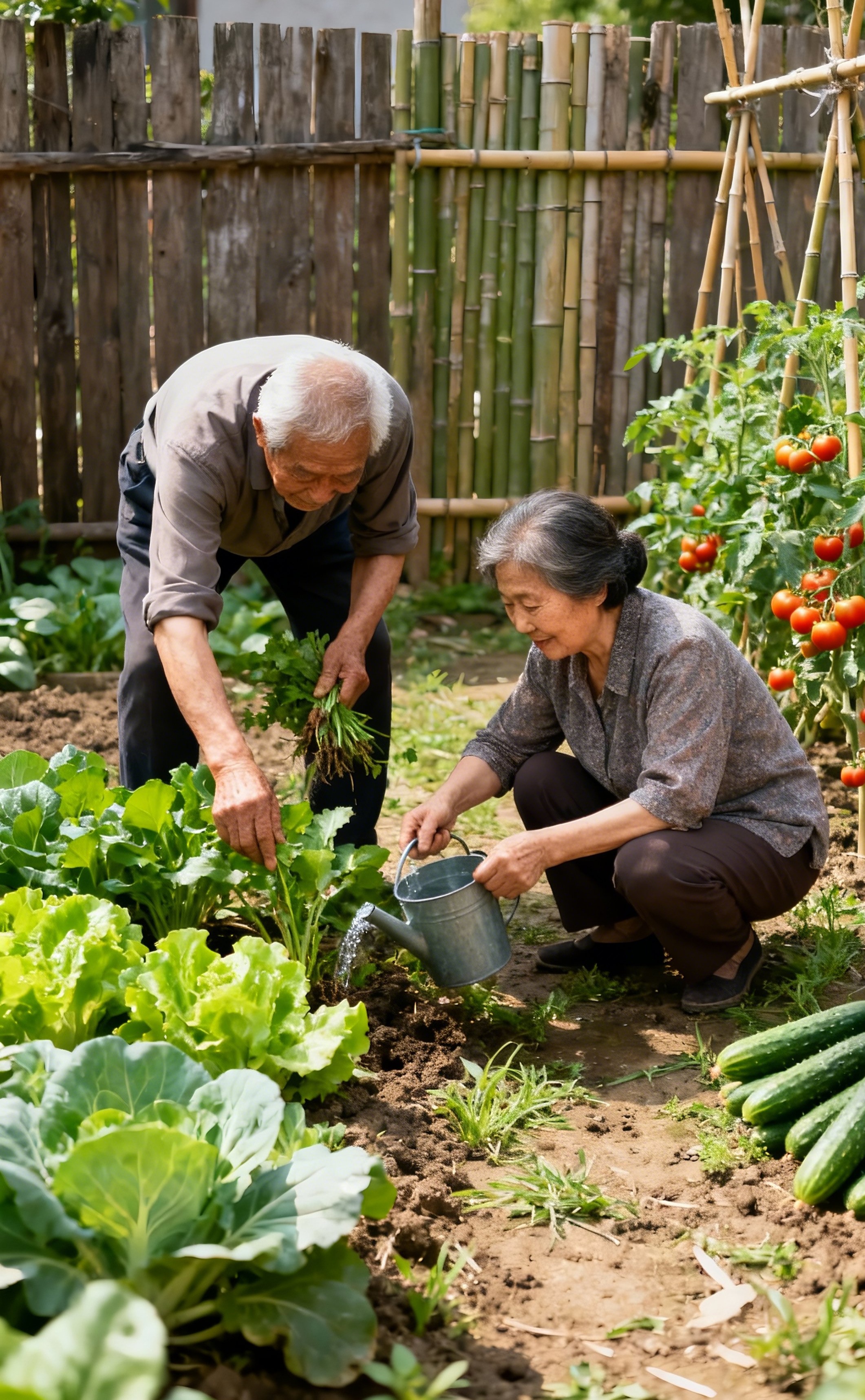 在充满绿色生态气息的农家小院里，一对老夫妻正专注地侍弄着蔬菜和玉米。