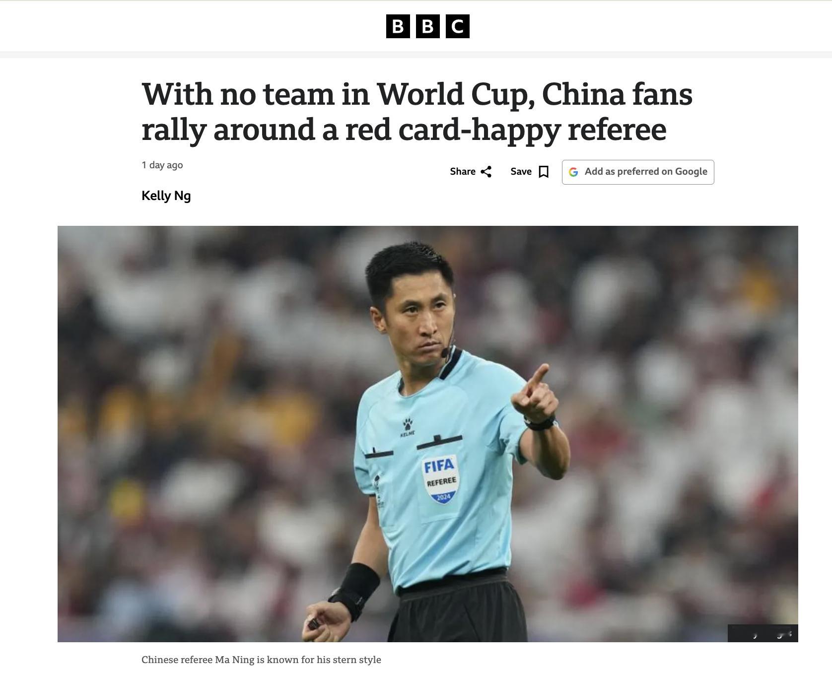 BBC报道了中国在世界杯的裁判马宁，指出在中国队无缘世界杯的情况下，中...