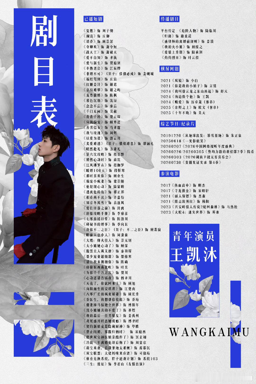 #王凯沐# 💙#向全世界安利王凯沐# 

万千角色，皆是沉淀，剧目表见证王凯沐脚踏实地的演员之路。以角色为履，踏过万千剧情，王凯沐用一部部作品书写演员答卷。于不同故事体验百态人生，期待王凯沐待播剧集早日和观众见面。[good]

​