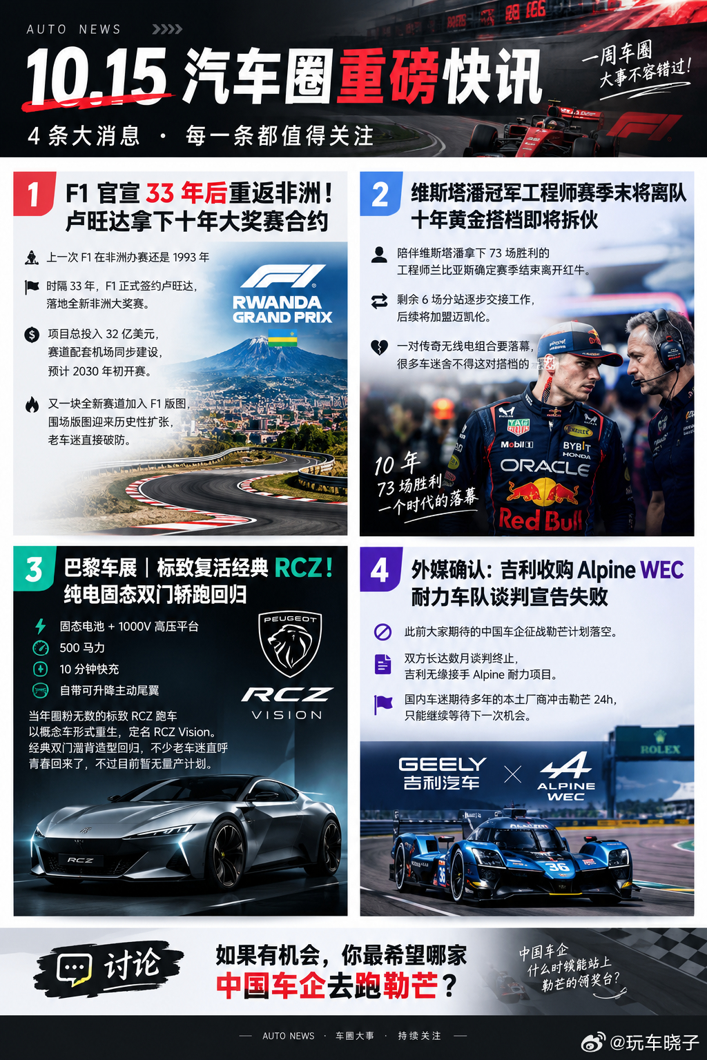 10.15汽车圈热点新闻
🔥1. F1 官宣 33 年后重返非洲！卢旺达拿下十年大奖赛合约
上一次 F1 在非洲办赛还是 1993 年，时隔 33 年，F1 正式签约卢旺达，落地全新非洲大奖赛。项目总投入 32 亿美元，赛道配套机场同步建设，预计 2030 年初开赛。又一块全新赛道加入 F1 版图，围场版图迎来历史性扩张，老 ​