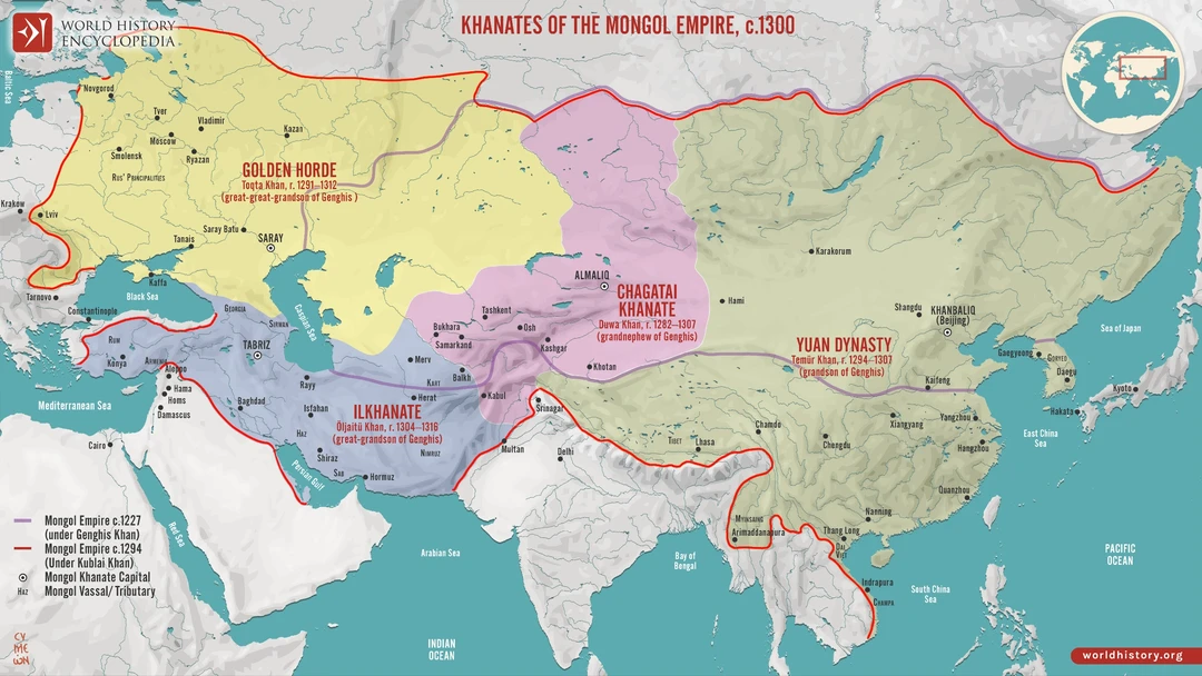 蒙古四大汗国鼎盛期的1300年前后疆域