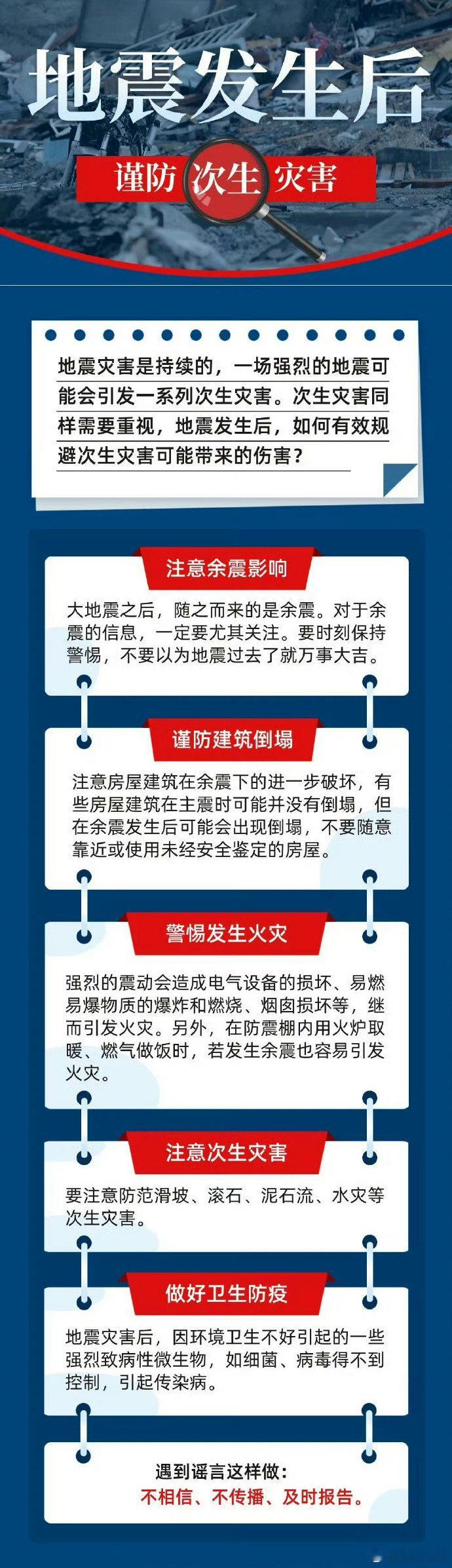 【地震发生后，谨防次生灾害】地震灾害是持续的，一场强烈的地震可能会引发一系列次生灾害。如滑坡、泥石流、火灾等，这些次生灾害同样威胁着人们的生命财产安全，如何有效规避次生灾害可能带来的伤害？戳图了解！ ​