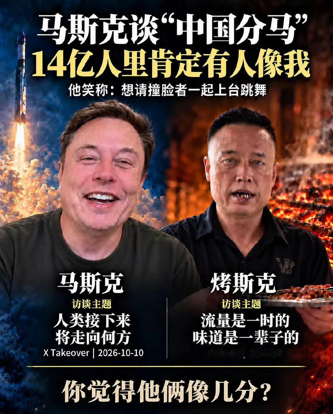 马斯克在X Takeover上被问到“中国版马斯克”马一龙，第一反应是“我猜他可能不是真的”。但紧接着又补了一句：中国14亿人，就算视频是假的，也总该有一个长得像我的吧。
还邀请他一起跳舞，蛮有意思的，#马斯克回应中国版马斯克爆火# ​