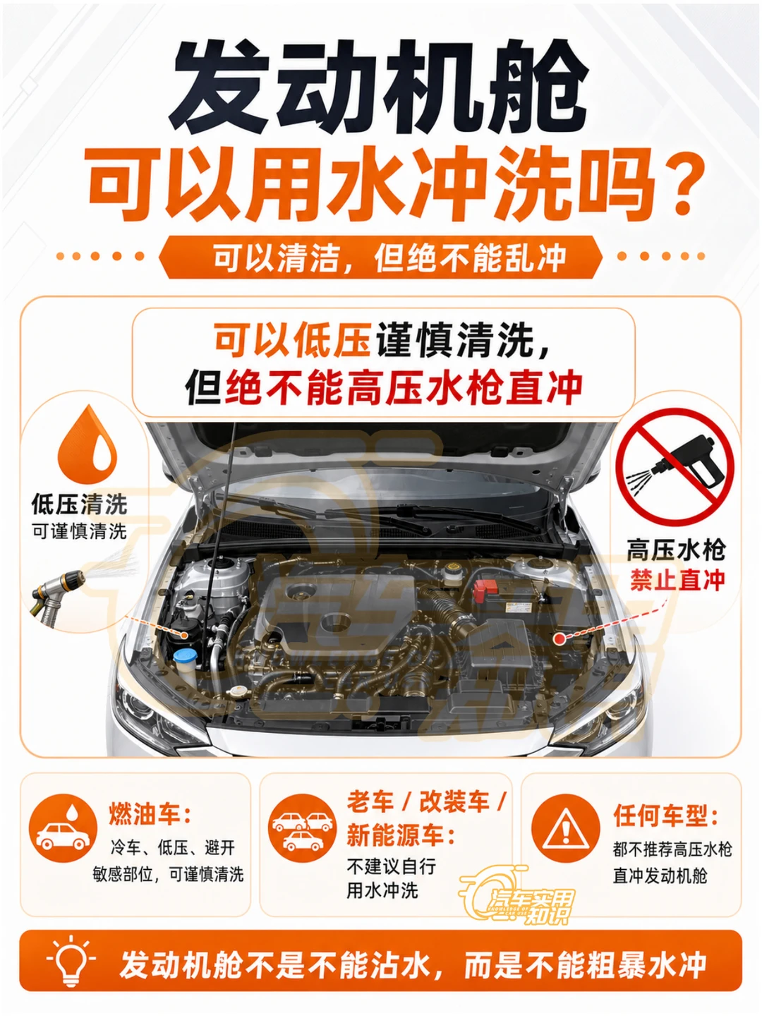 汽车发动机舱可以用水冲吗？