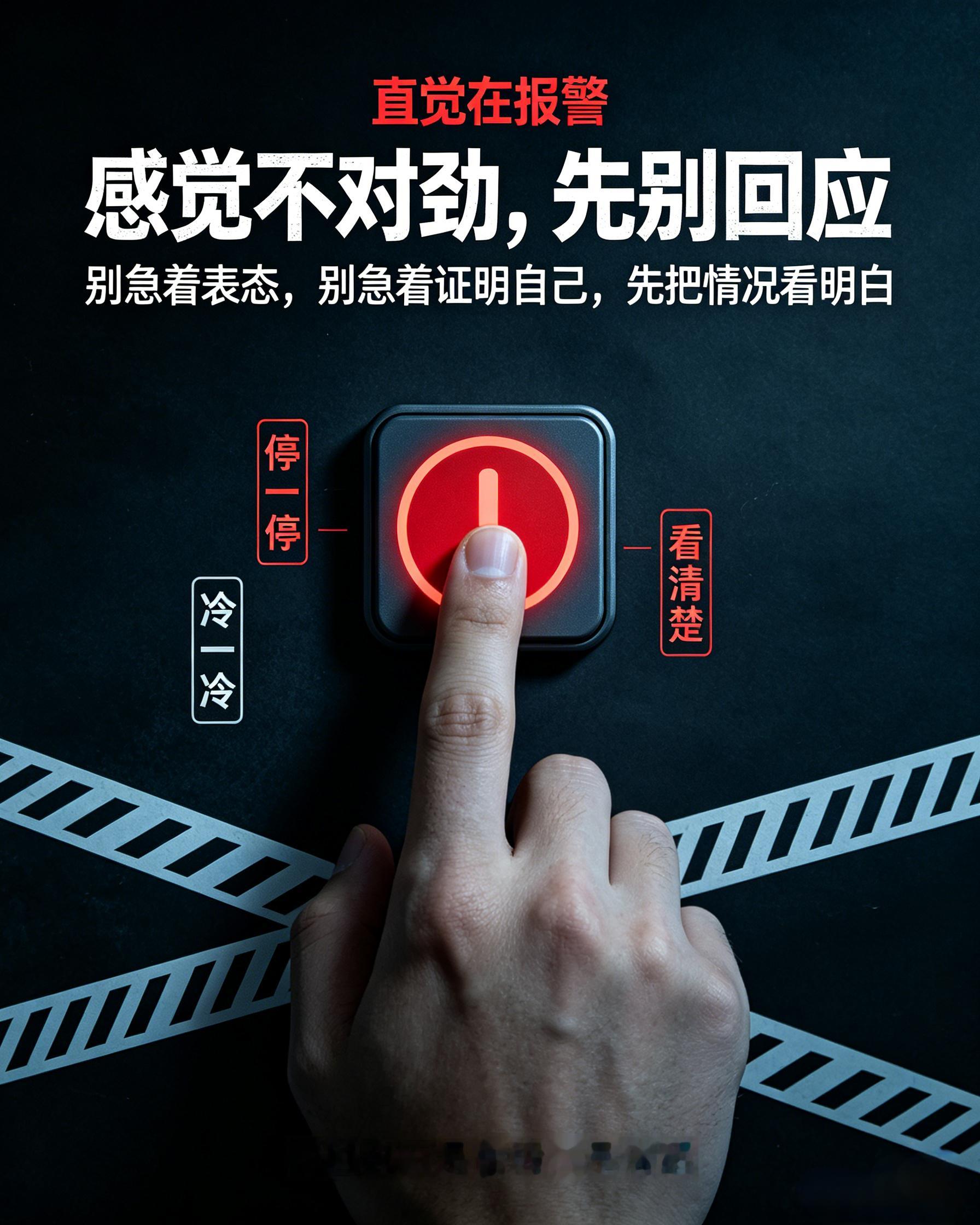 感觉不对劲一定不要回应别被带节奏 看到一件事、一段关系、一个场面，第一反应是“不对劲”，那就先别着急回应。很多人不是输在能力，而是输在“急着证明自己”“急着表态”“急着压住场面”。对方一激，你就接招；舆论一带，你就站队；情绪一上来，你立刻把话说满、把事做绝。结果呢？本来你占理，也可能被拖进泥坑里。感觉不对劲，往往不是错觉，而是你的直觉、经验和判断力在报警。这个时候最不该做的，就是用回应去硬撑。别以为说话、反驳、表态就能压住局面，有时候回应本身，就是把自己带进节奏。真正清醒的人，不是不说话，而是知道什么时候不能乱说。先停一停，冷一冷，把情况看清楚，把逻辑捋明白，把后果想明白。别急着被别人牵着走，也别急着用情绪证明自己。不回应，不是懦弱，不是逃避，而是一种清醒。尤其在乱糟糟的人和事面前，不接招，才是最稳的自保。别把自己搭进去冷静不是懦弱是智慧