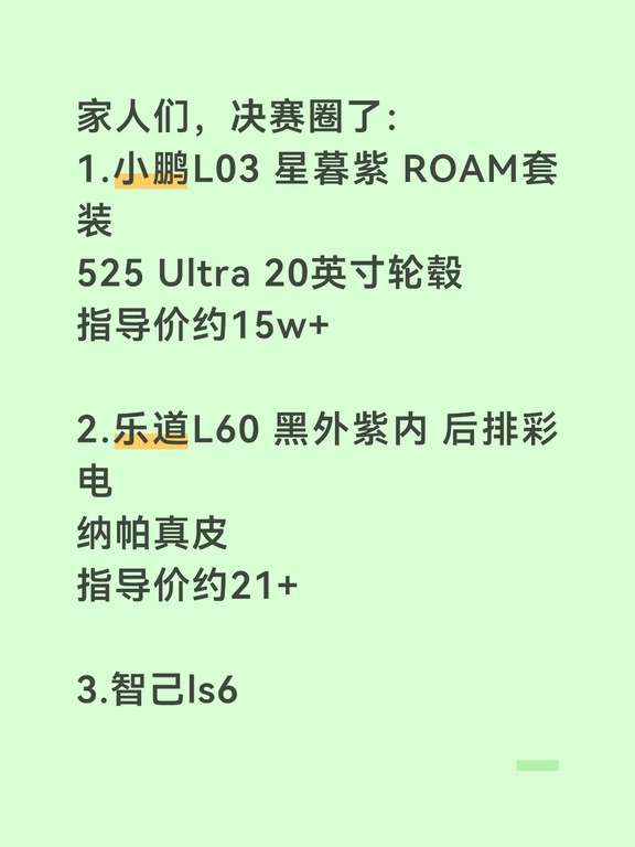 家人们，决赛圈了： 1.小鹏L03 星暮紫 ROAM套