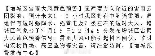 【增城区雷雨大风黄色预警】受西南方向移近的雷雨云团影响，预计未来1-3...