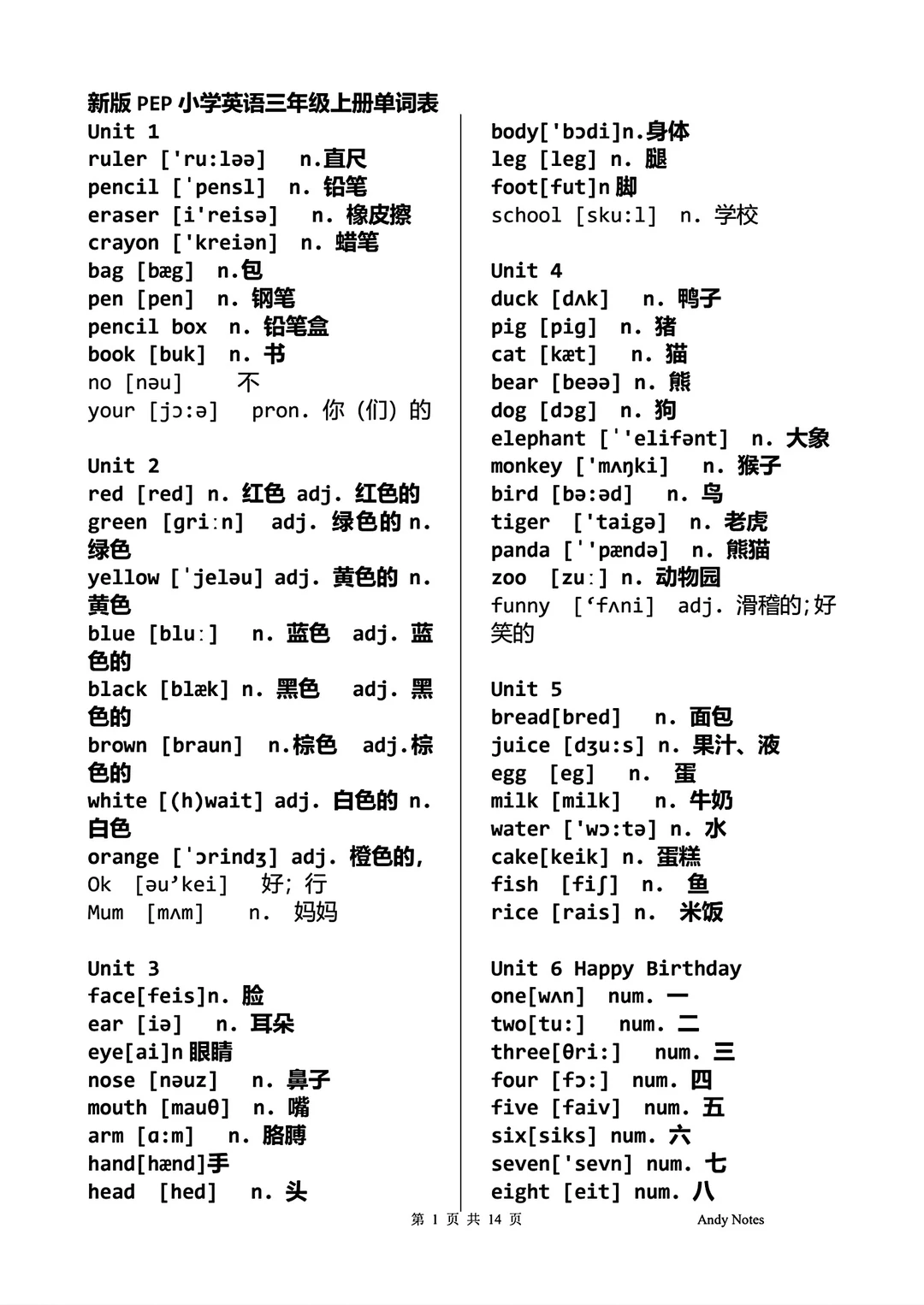 小学三年级到六年级英语单词表小升初复习