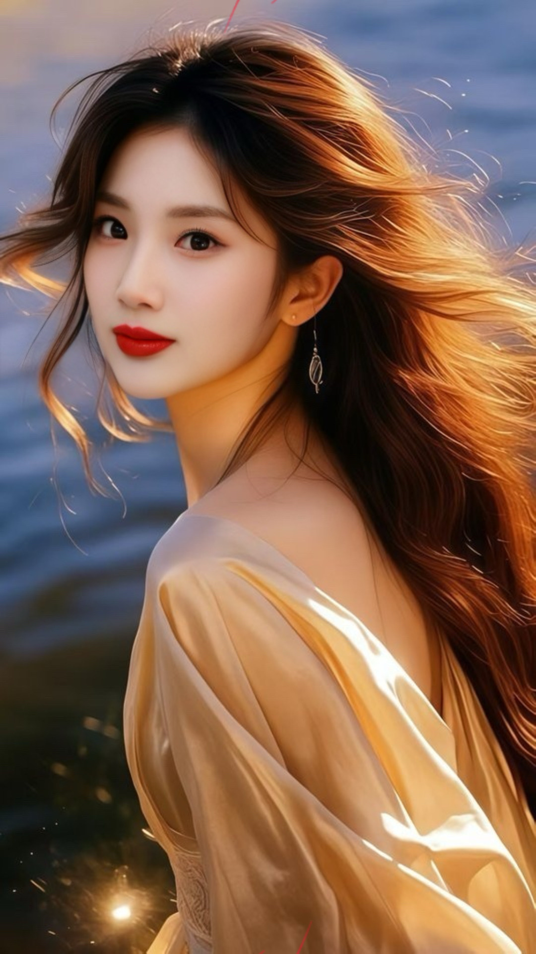 温柔海风中的少女，红唇轻启，阳光洒满发梢。