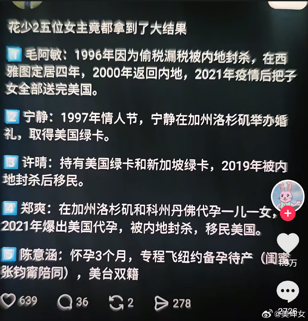 #毛阿敏许晴真正的朋友#毛阿敏:1996年因为tsls被内地🐝沙，在西雅图定居四年，2000年返回内地，2021年😷后把子女全部送完美国。

许晴:持有美国绿卡和新加坡绿卡，2019年被内地🐝沙后移民。 ​